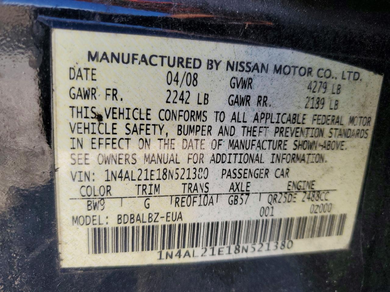 2008 Nissan Altima 2.5 Черный vin: 1N4AL21E18N521380
