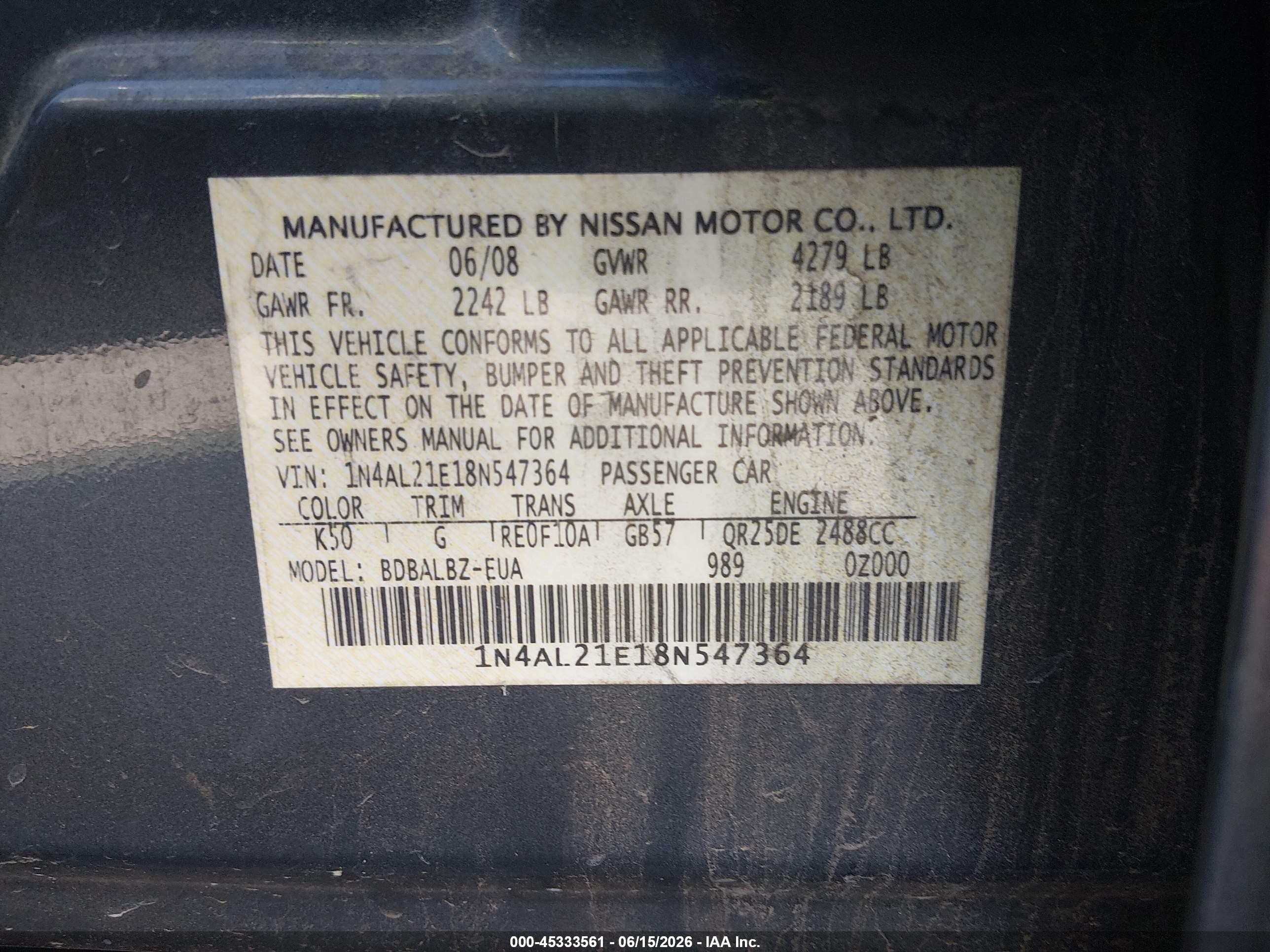 2008 Nissan Altima 2.5 S Gray vin: 1N4AL21E18N547364