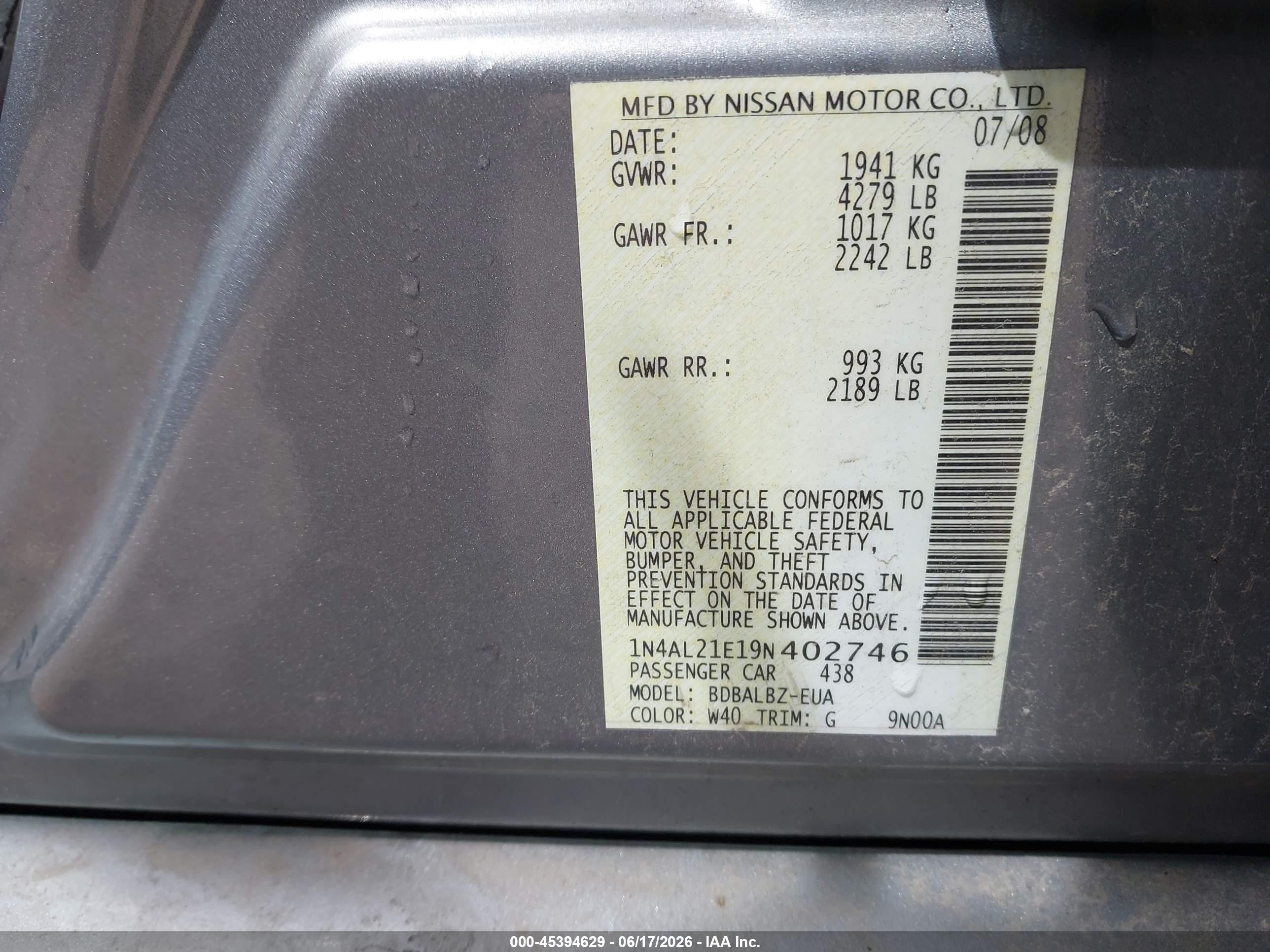 2009 Nissan Altima 2.5 S Silver vin: 1N4AL21E19N402746