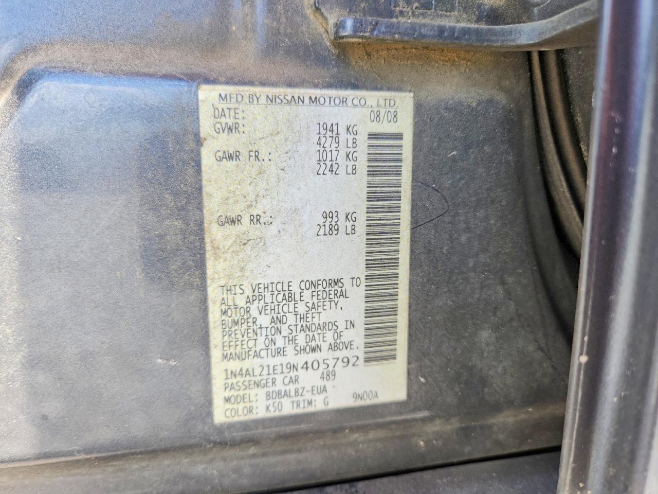 2009 Nissan Altima 2.5 Gray vin: 1N4AL21E19N405792
