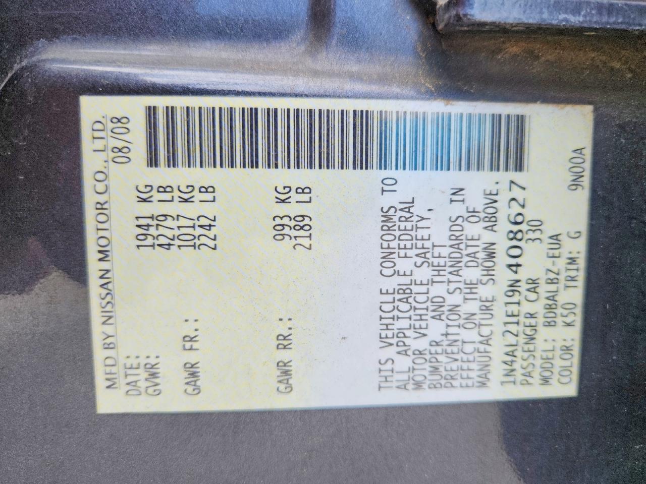 2009 Nissan Altima 2.5 Gray vin: 1N4AL21E19N408627
