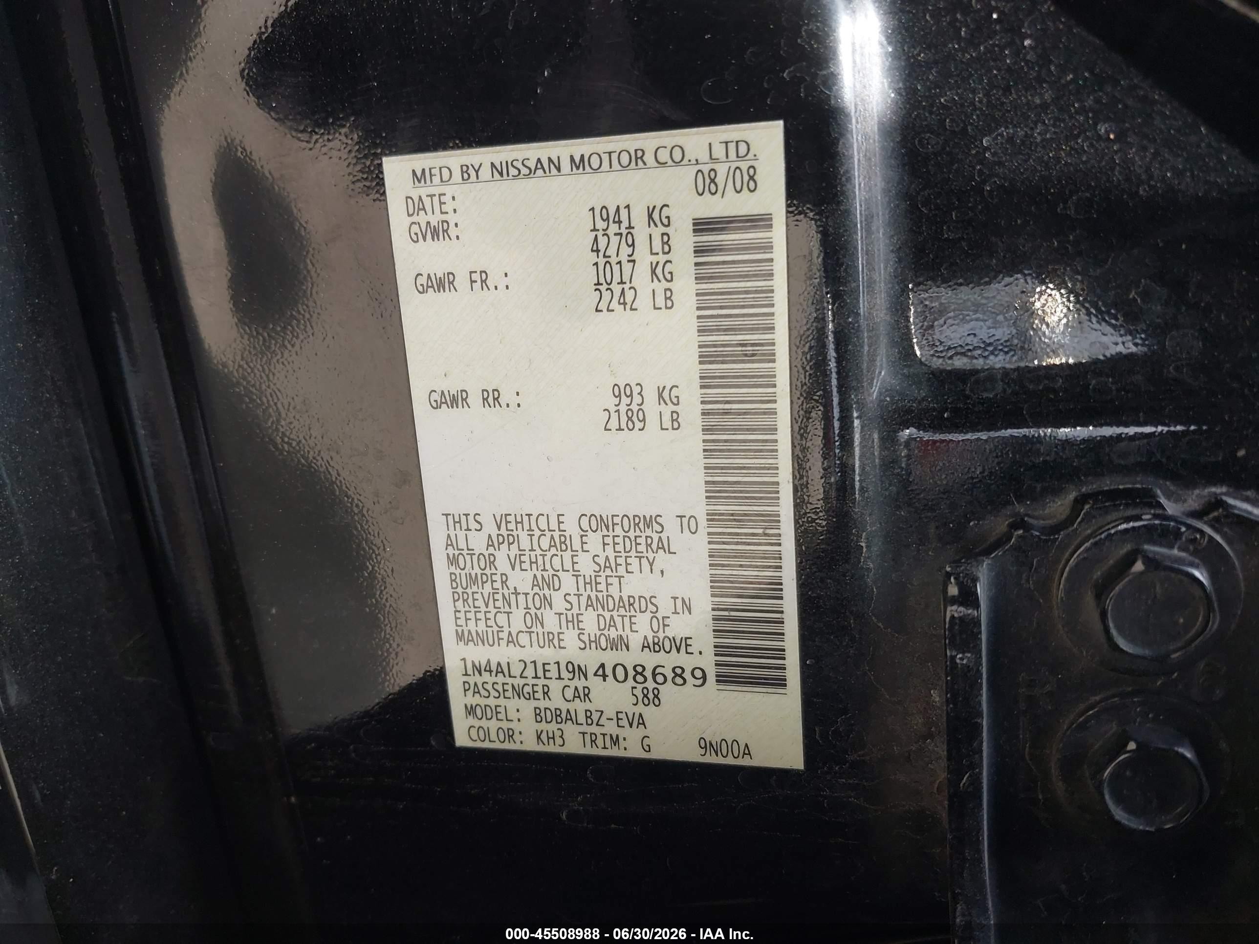 2009 Nissan Altima 2.5 S Black vin: 1N4AL21E19N408689