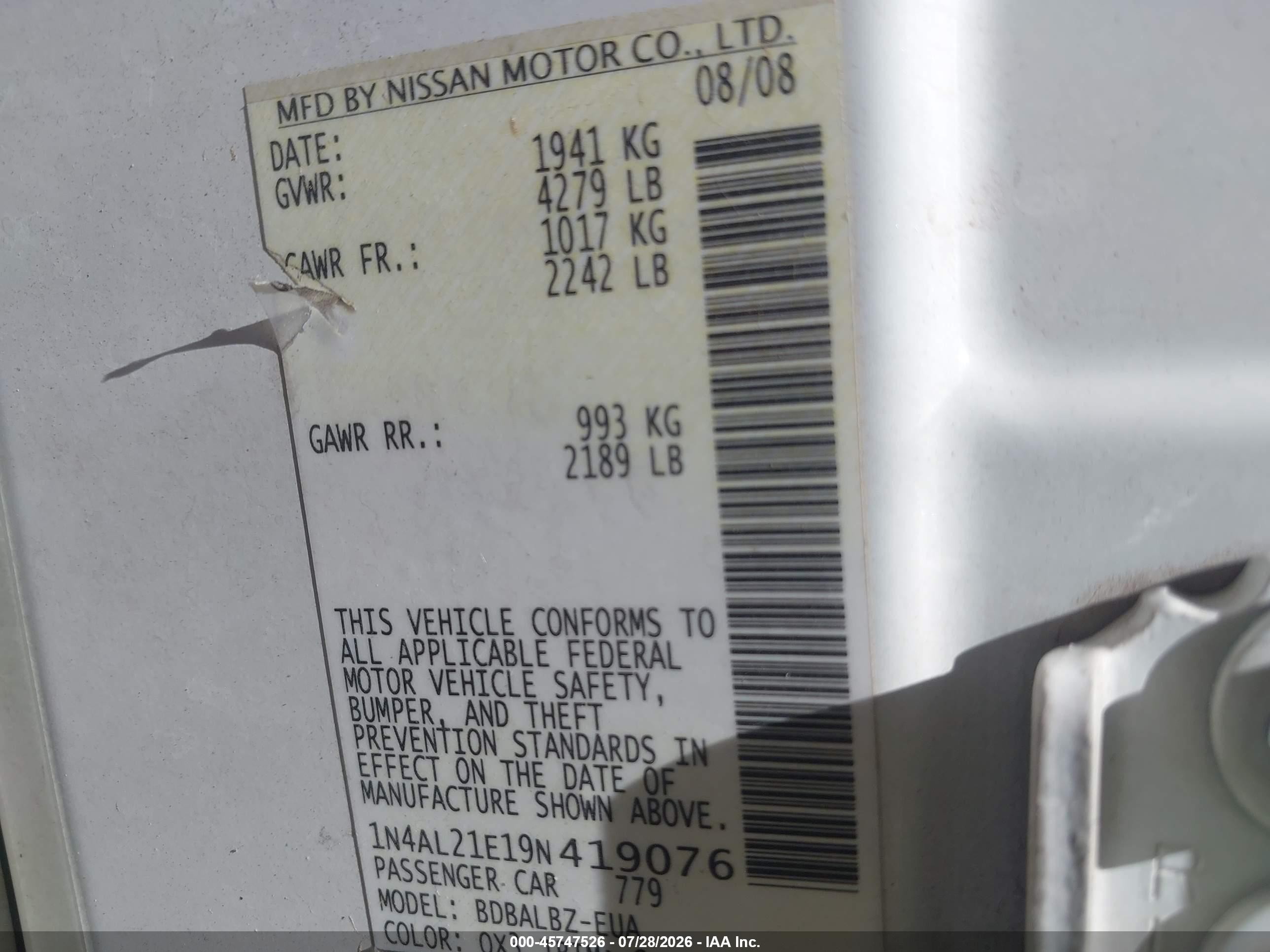 2009 Nissan Altima 2.5 S Белый vin: 1N4AL21E19N419076