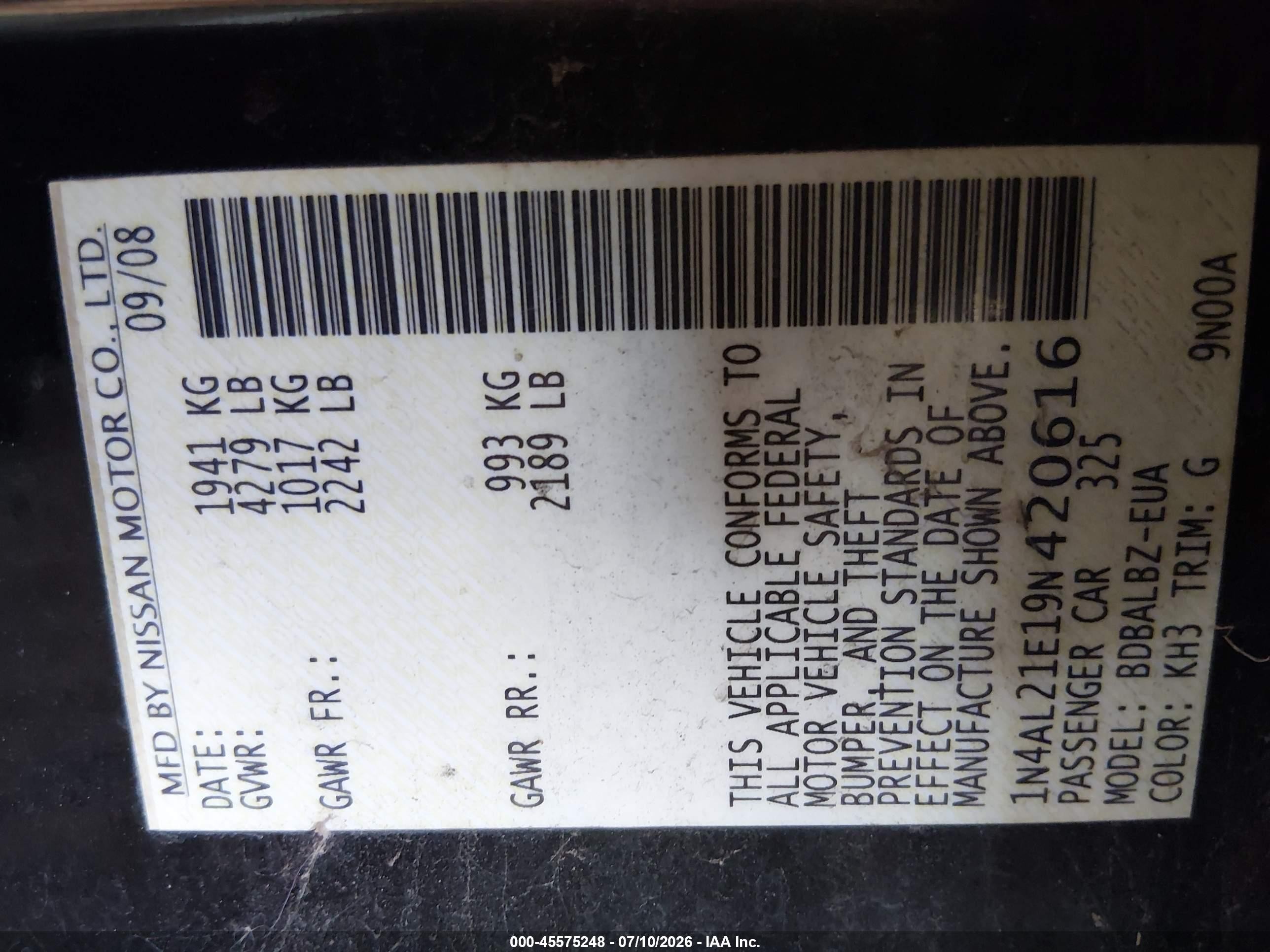 2009 Nissan Altima 2.5 S Black vin: 1N4AL21E19N420616