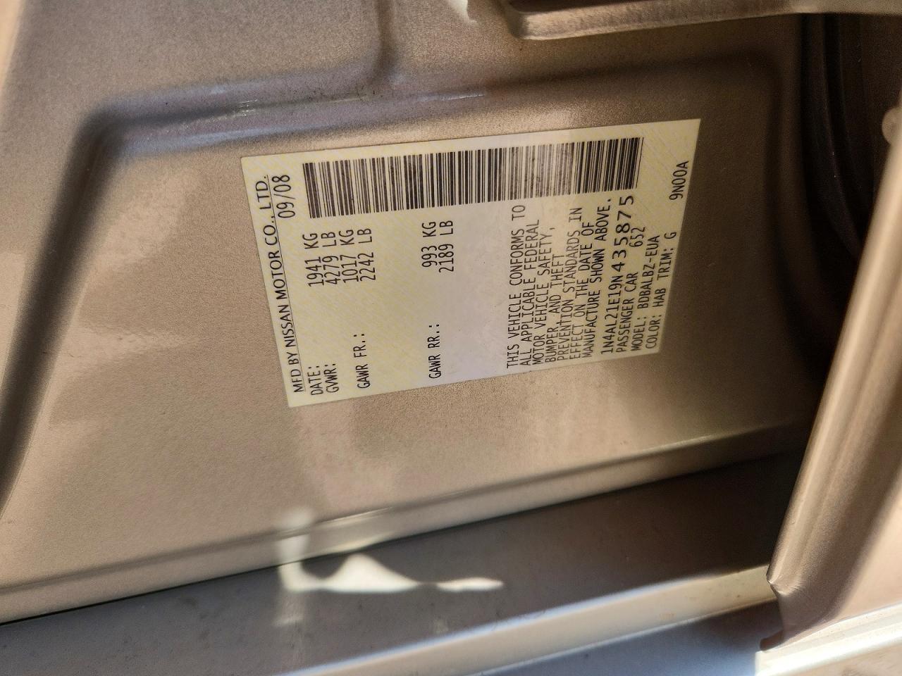 2009 Nissan Altima 2.5 Beige vin: 1N4AL21E19N435875
