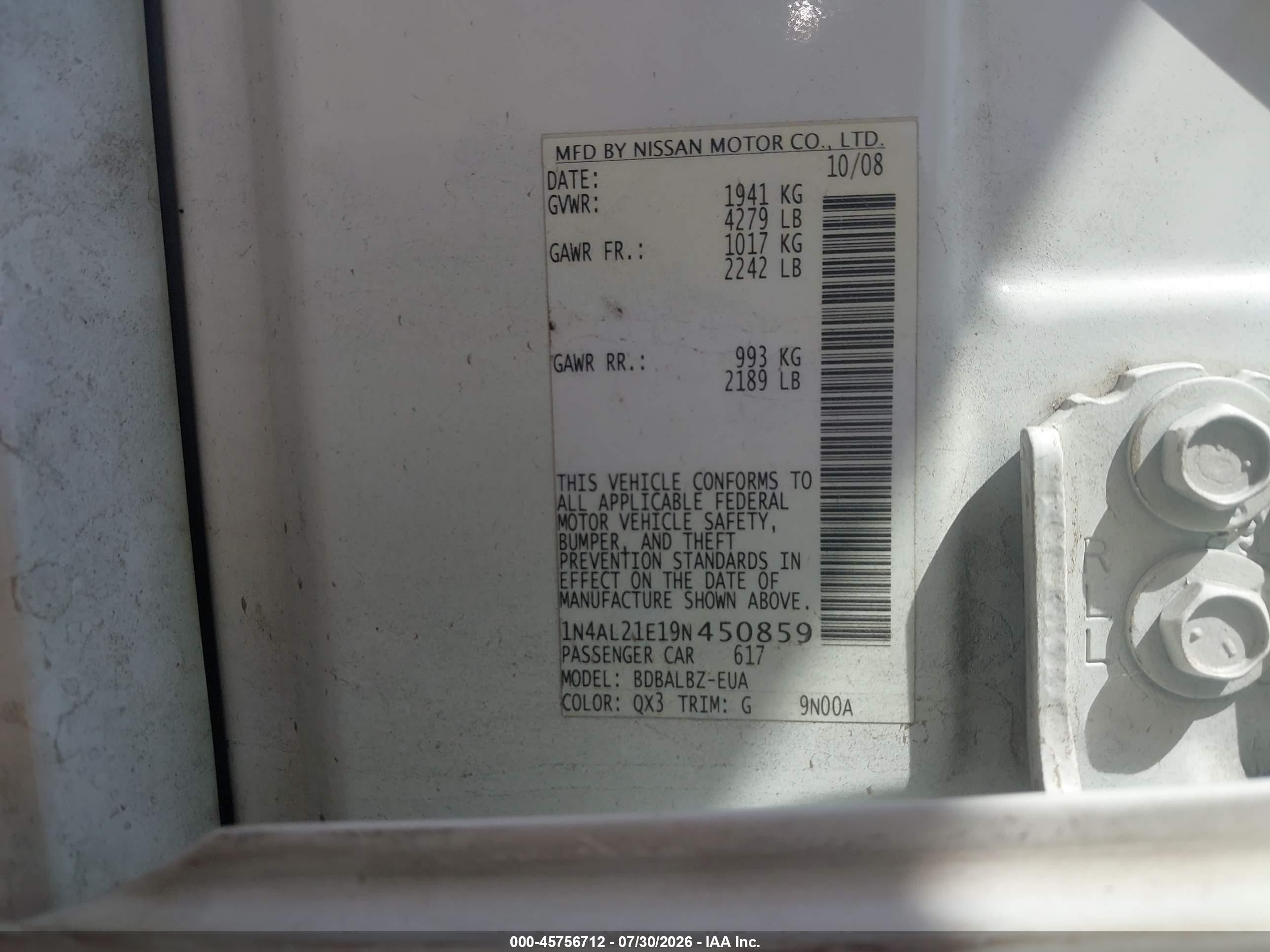 2009 Nissan Altima 2.5 S White vin: 1N4AL21E19N450859