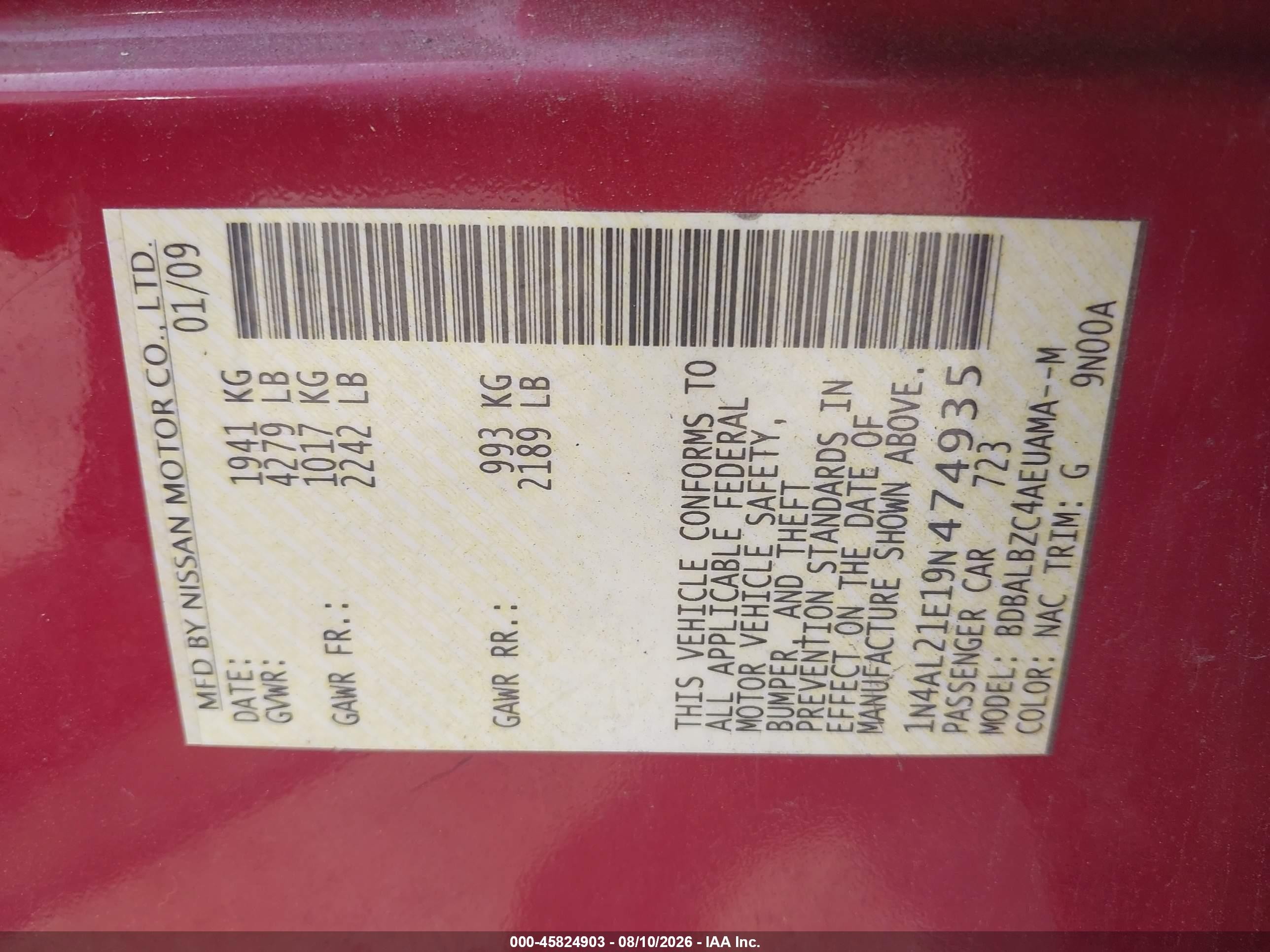 2009 Nissan Altima 2.5/2.5s Red vin: 1N4AL21E19N474935