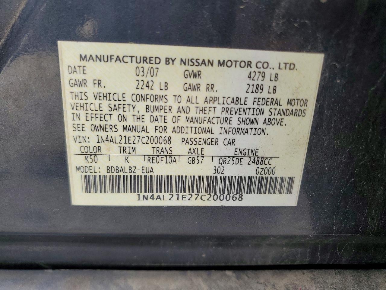 2007 Nissan Altima 2.5 Charcoal vin: 1N4AL21E27C200068