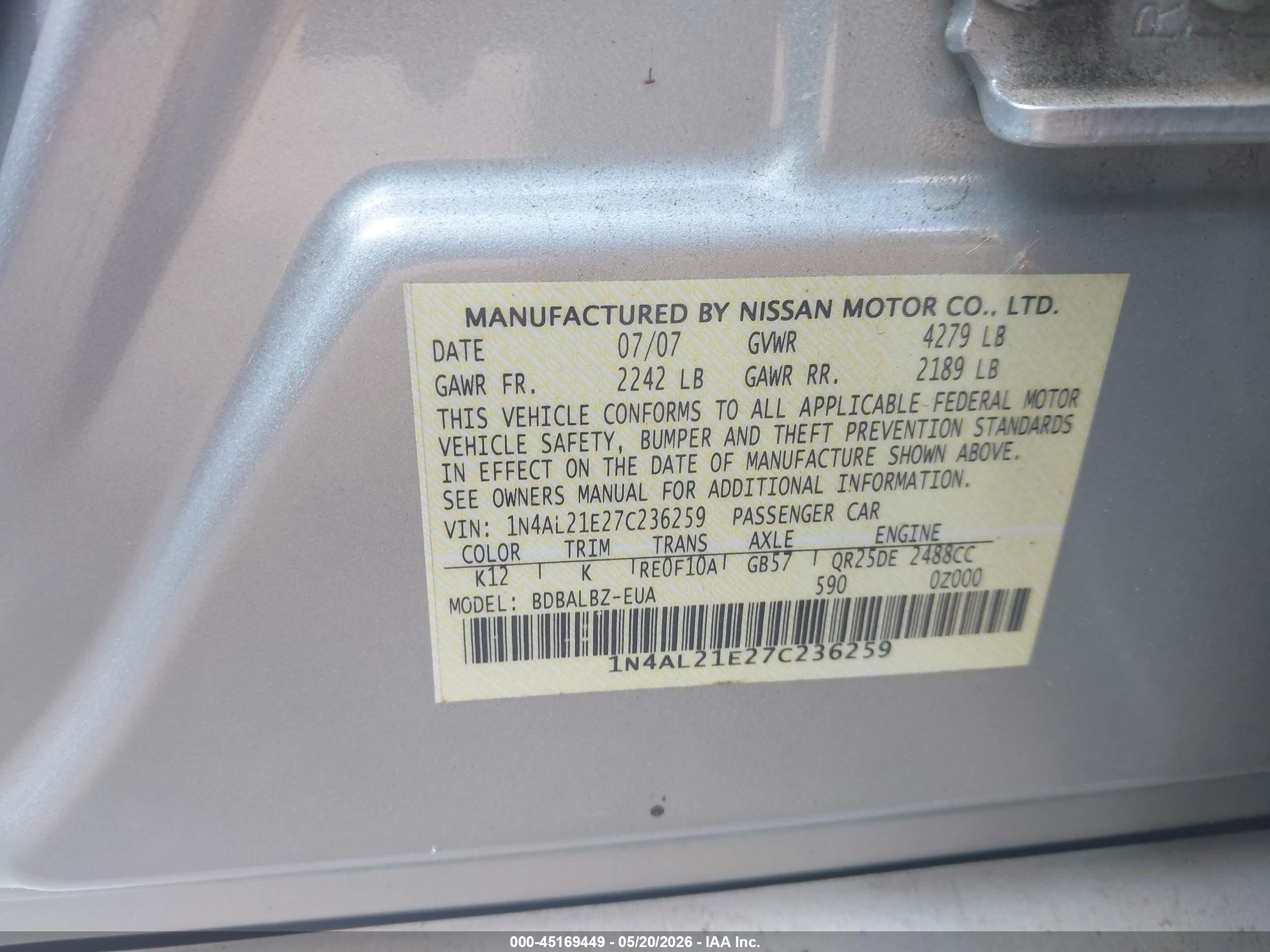 2007 Nissan Altima 2.5 S Silver vin: 1N4AL21E27C236259