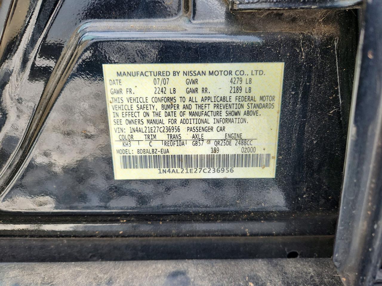 2007 Nissan Altima 2.5 Black vin: 1N4AL21E27C236956