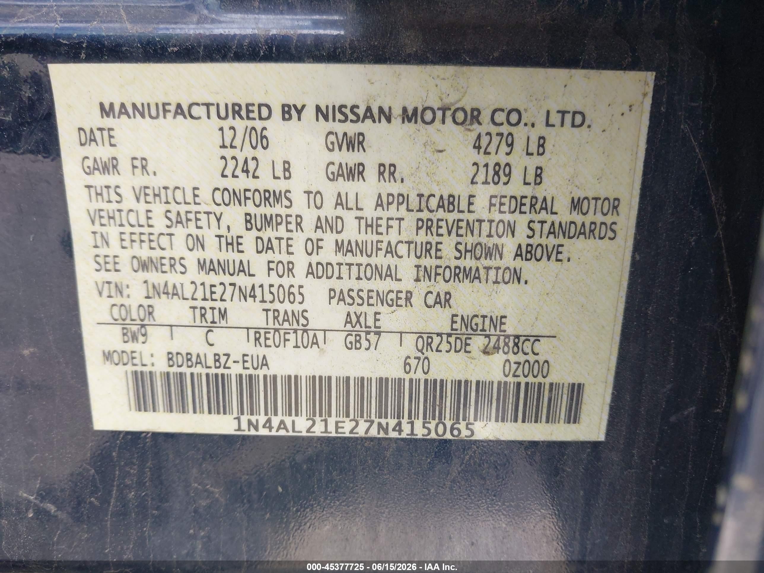 2007 Nissan Altima 2.5 S Blue vin: 1N4AL21E27N415065