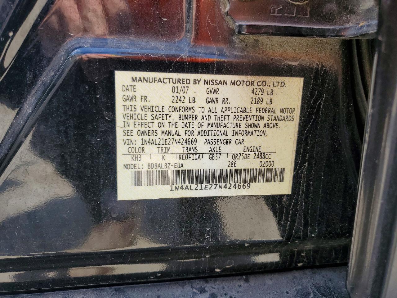 2007 Nissan Altima 2.5 Black vin: 1N4AL21E27N424669