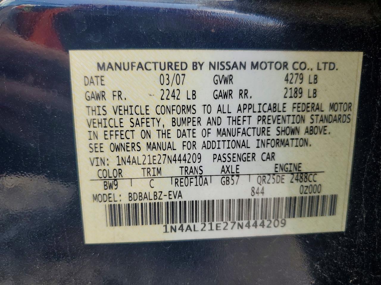 2007 Nissan Altima 2.5 Blue vin: 1N4AL21E27N444209