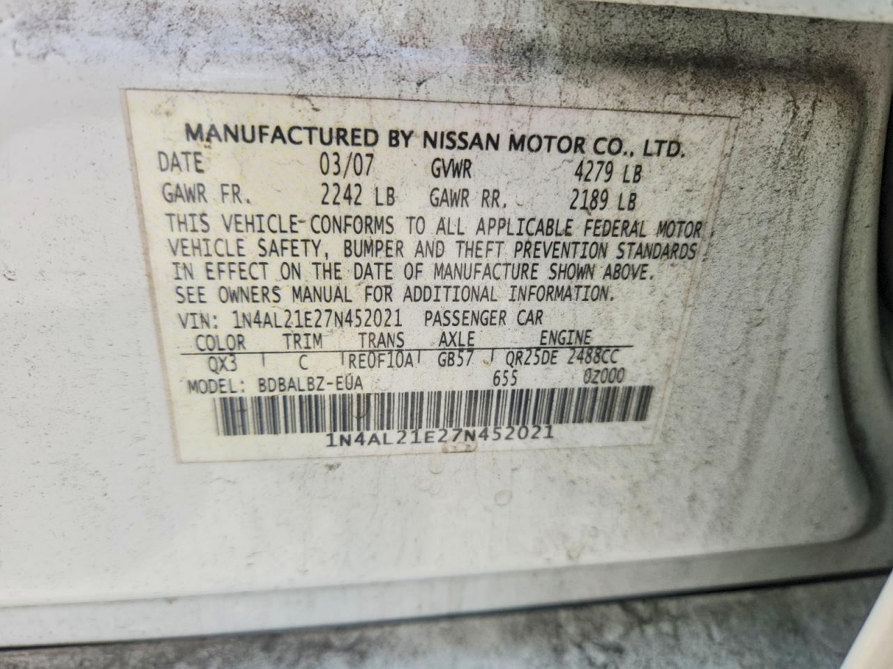 2007 Nissan Altima 2.5 Белый vin: 1N4AL21E27N452021