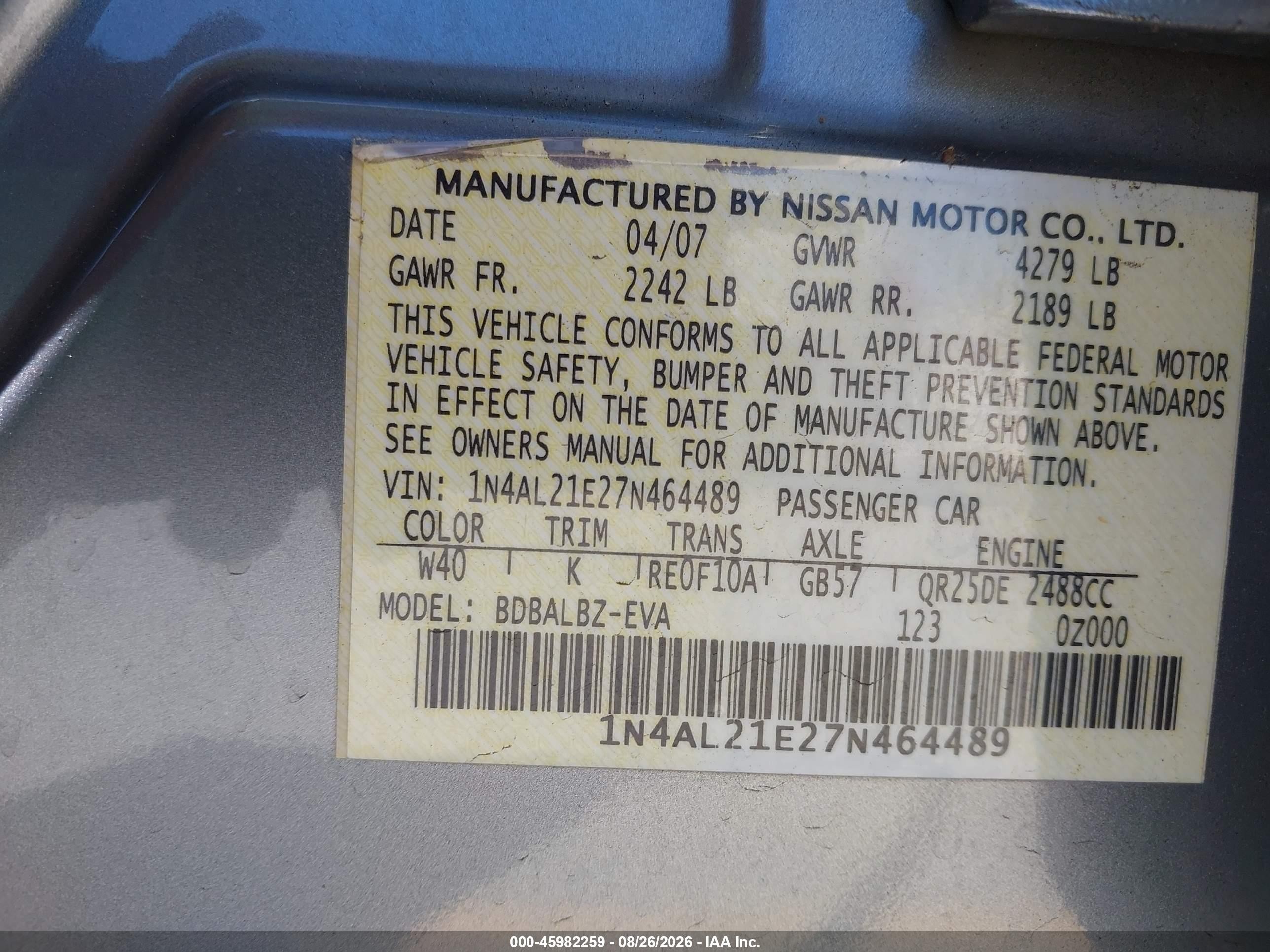 2007 Nissan Altima 2.5 S Серый vin: 1N4AL21E27N464489