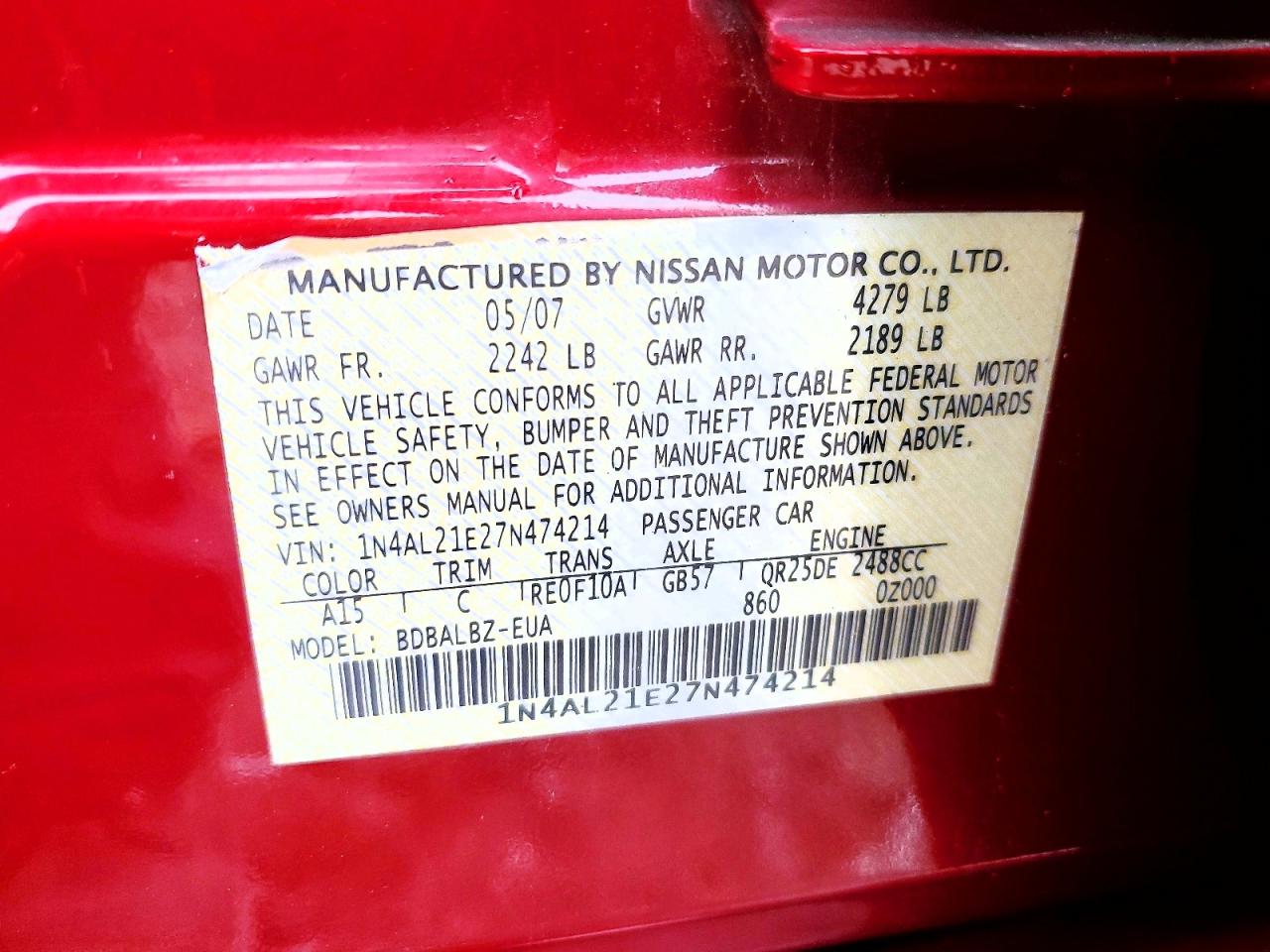 2007 Nissan Altima 2.5 Red vin: 1N4AL21E27N474214