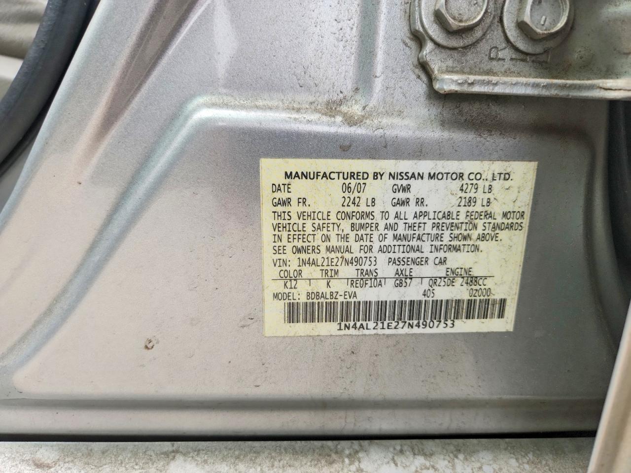 2007 Nissan Altima 2.5 Gray vin: 1N4AL21E27N490753