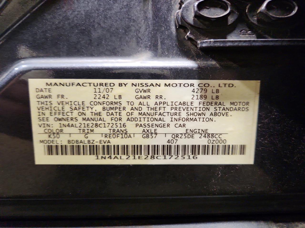 2008 Nissan Altima 2.5 Gray vin: 1N4AL21E28C172516
