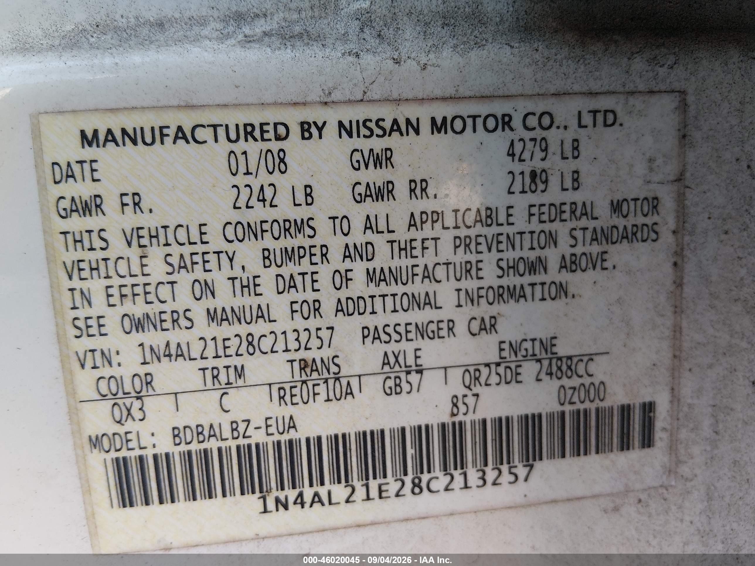 2008 Nissan Altima 2.5 S White vin: 1N4AL21E28C213257