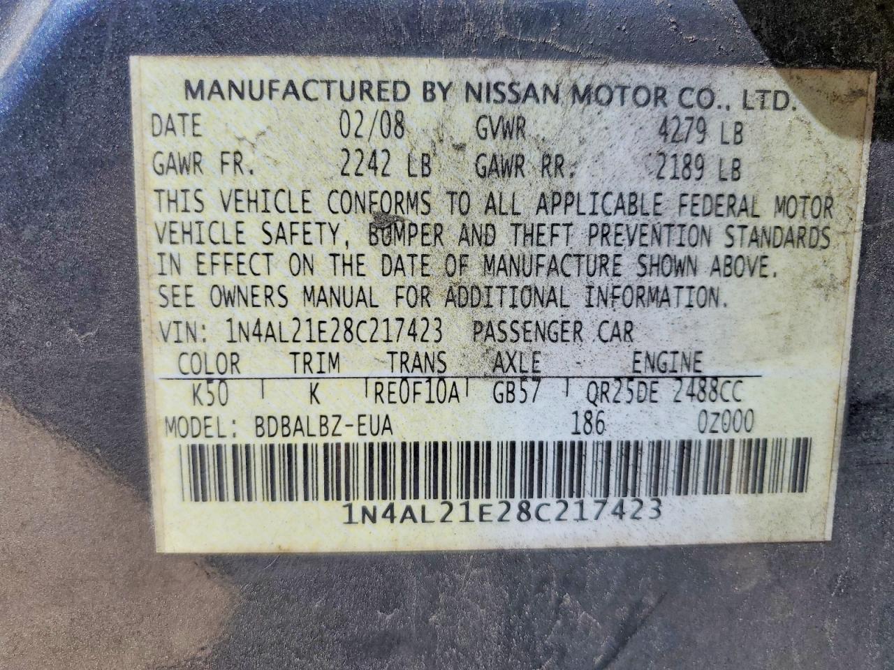2008 Nissan Altima 2.5 Gray vin: 1N4AL21E28C217423