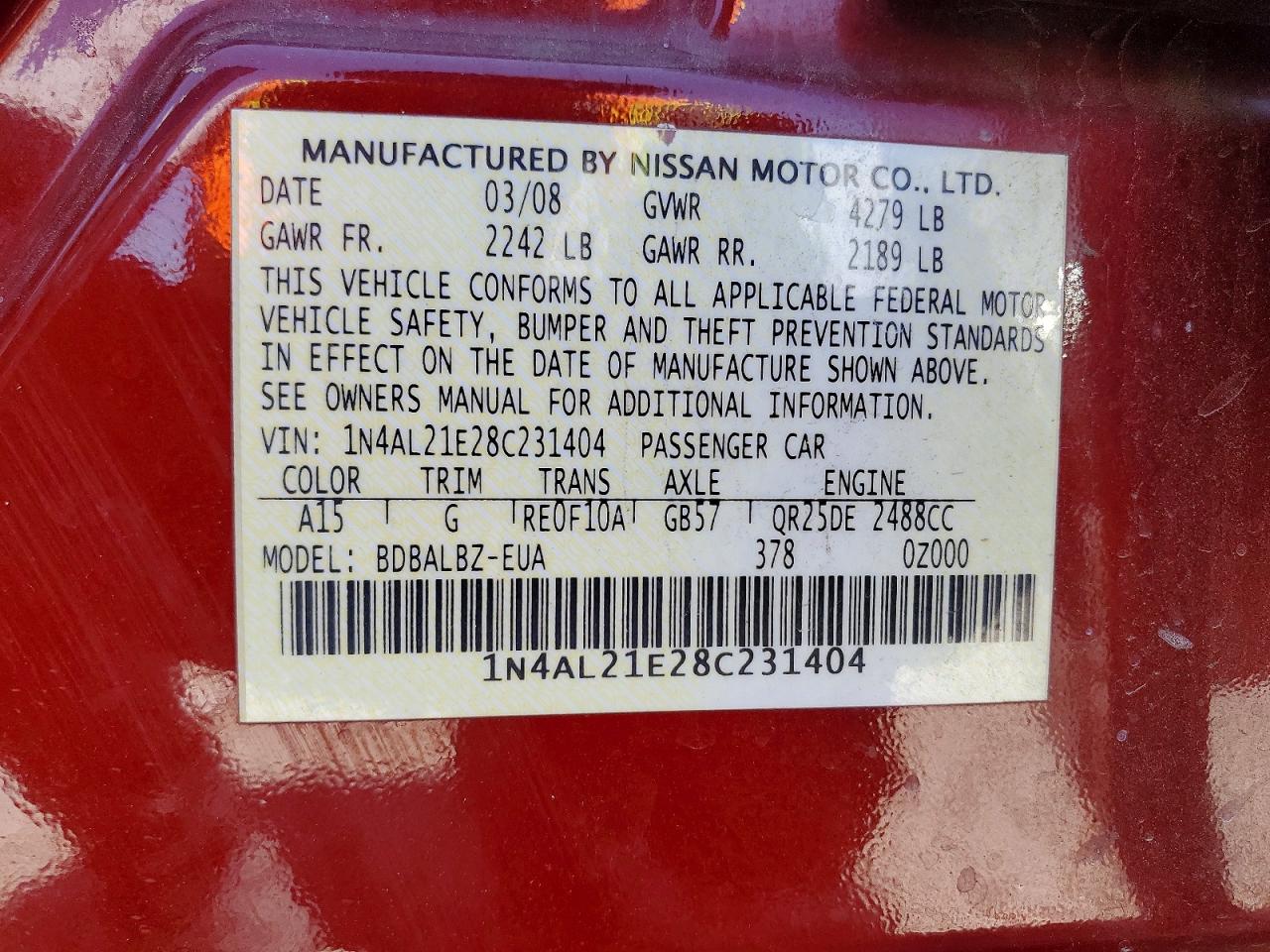 2008 Nissan Altima 2.5 Red vin: 1N4AL21E28C231404