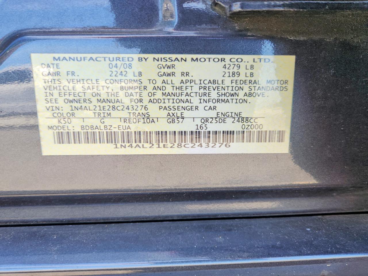 2008 Nissan Altima 2.5/2.5s Gray vin: 1N4AL21E28C243276