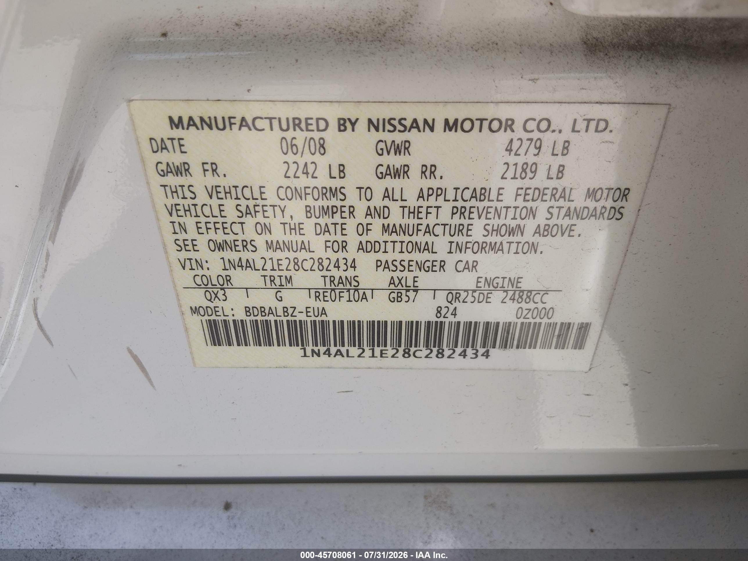 2008 Nissan Altima 2.5 S White vin: 1N4AL21E28C282434