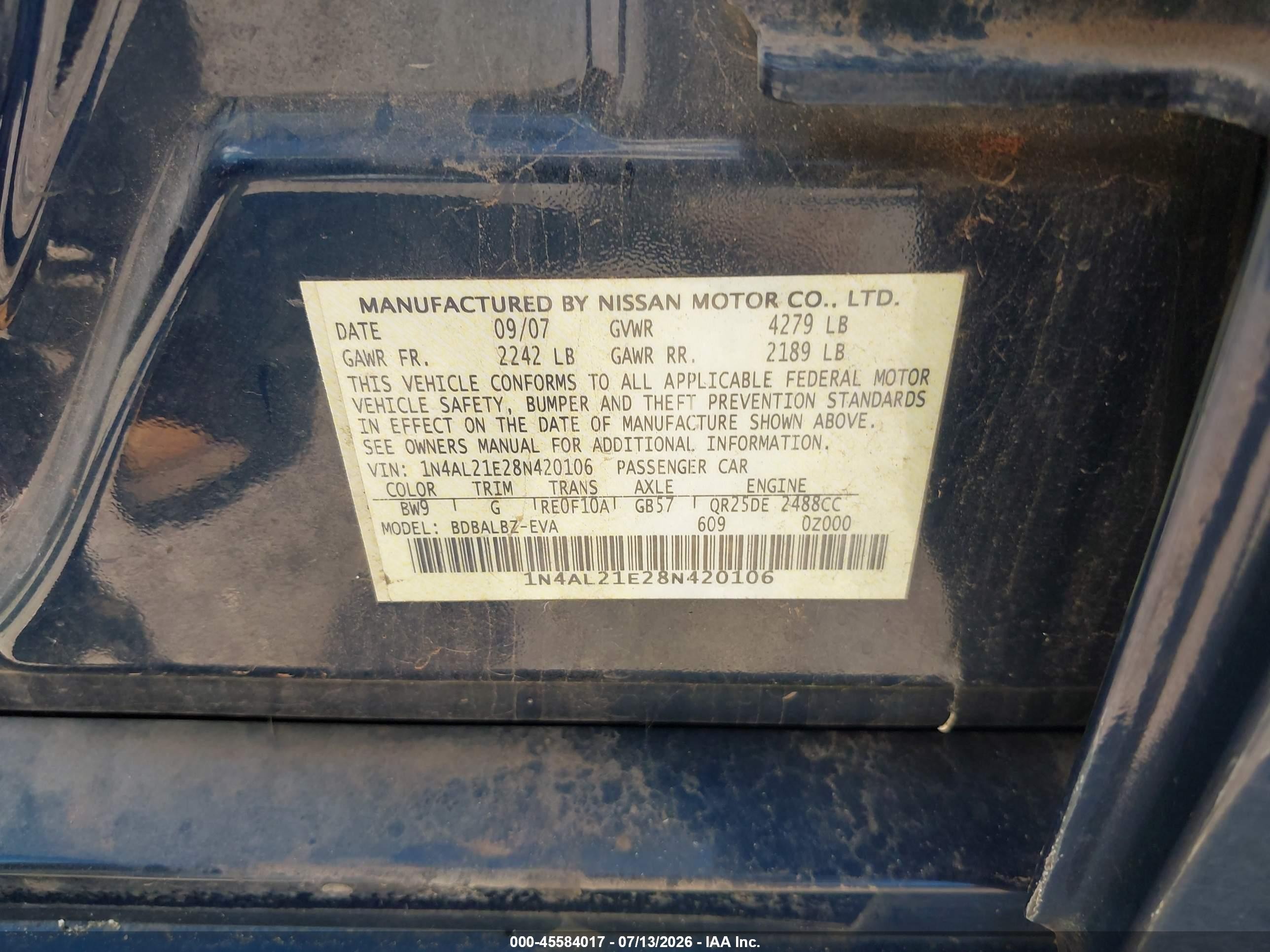 2008 Nissan Altima 2.5 Sl Black vin: 1N4AL21E28N420106