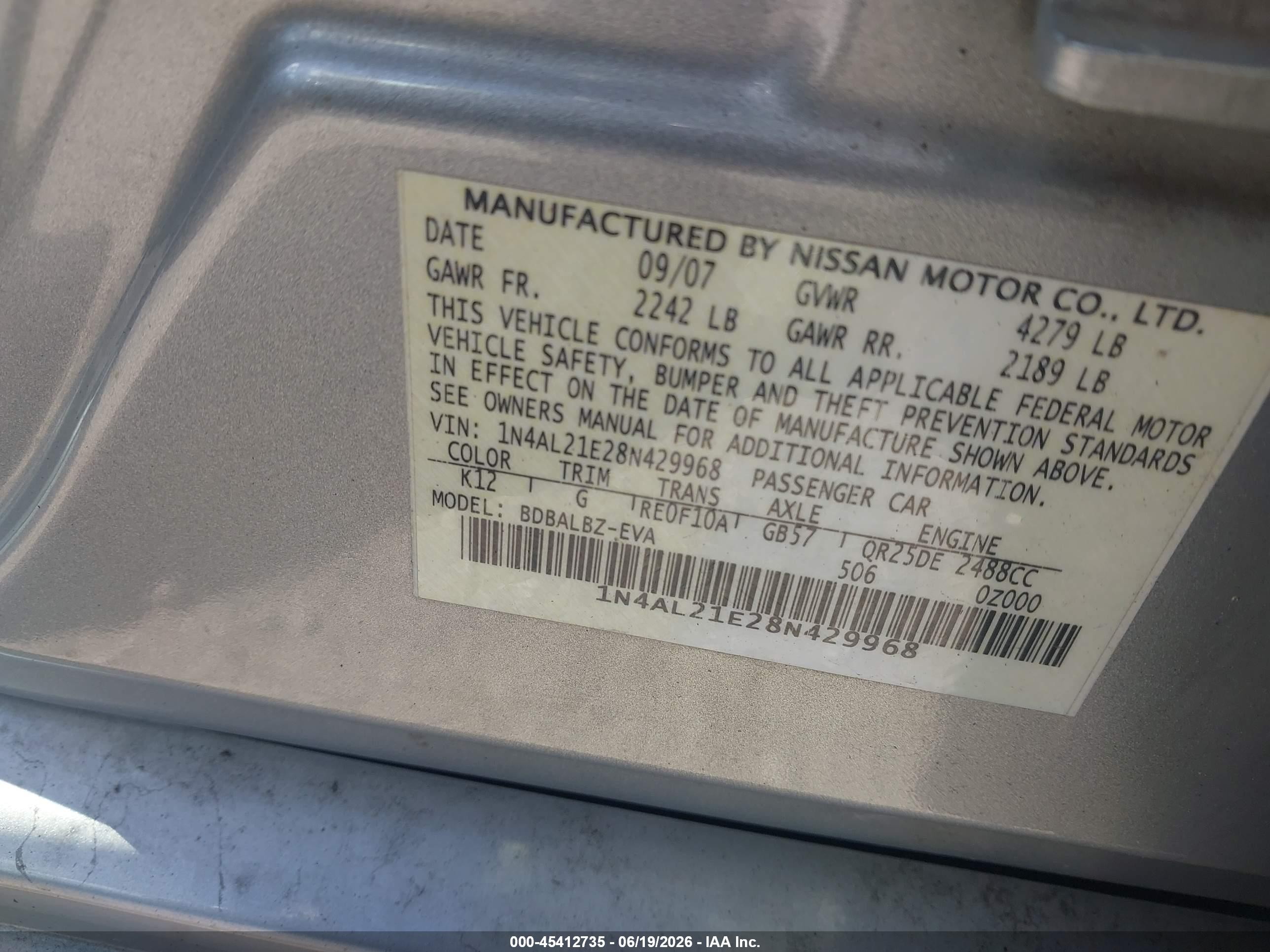 2008 Nissan Altima 2.5 Sl Серебряный vin: 1N4AL21E28N429968