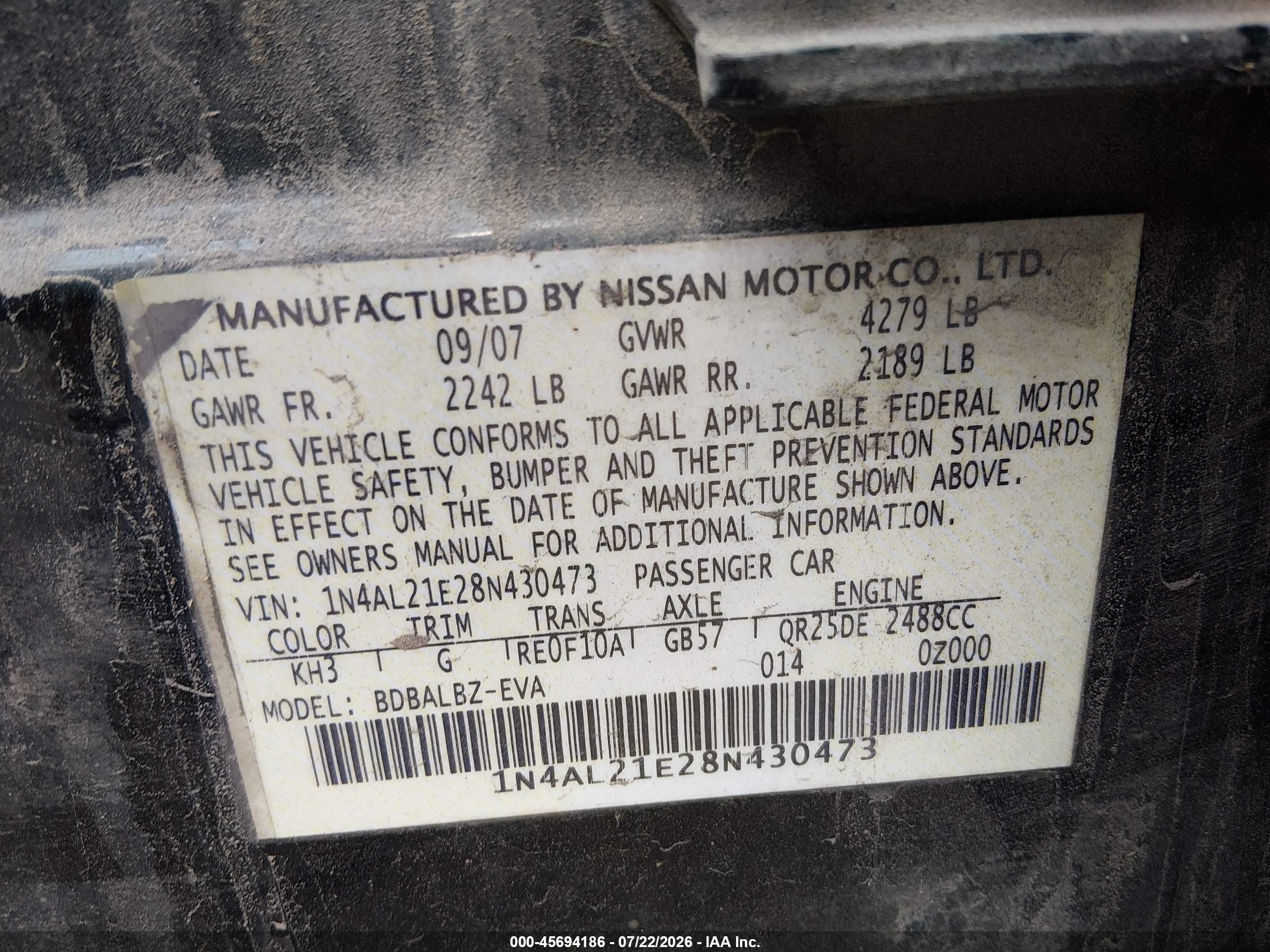 2008 Nissan Altima 2.5 S Black vin: 1N4AL21E28N430473