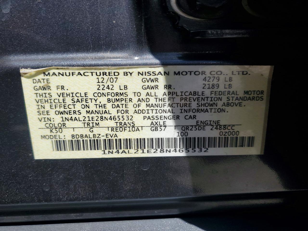 2008 Nissan Altima 2.5 Gray vin: 1N4AL21E28N465532