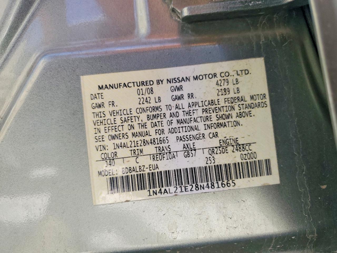 2008 Nissan Altima 2.5 Green vin: 1N4AL21E28N481665