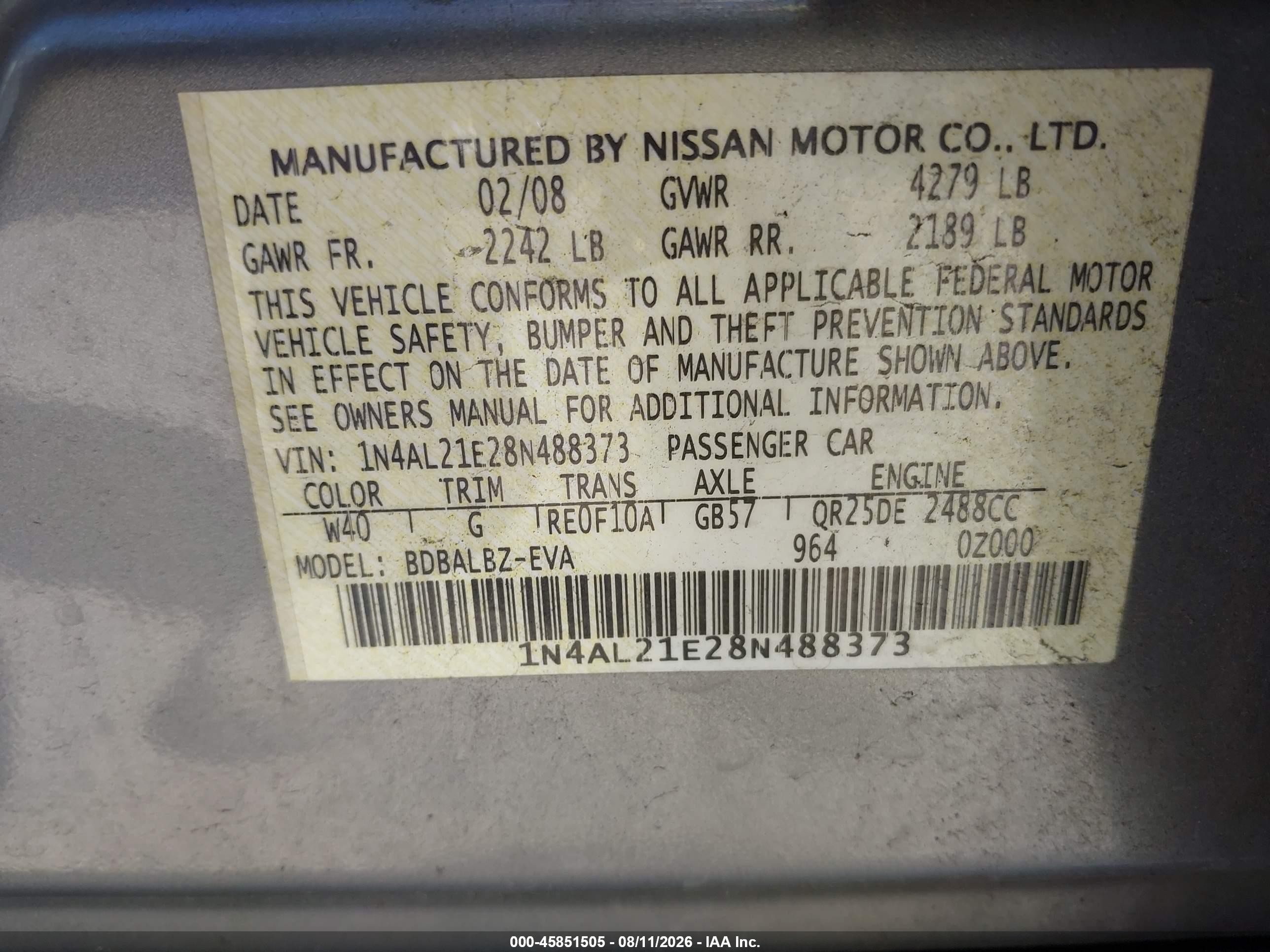 2008 Nissan Altima 2.5 S Silver vin: 1N4AL21E28N488373