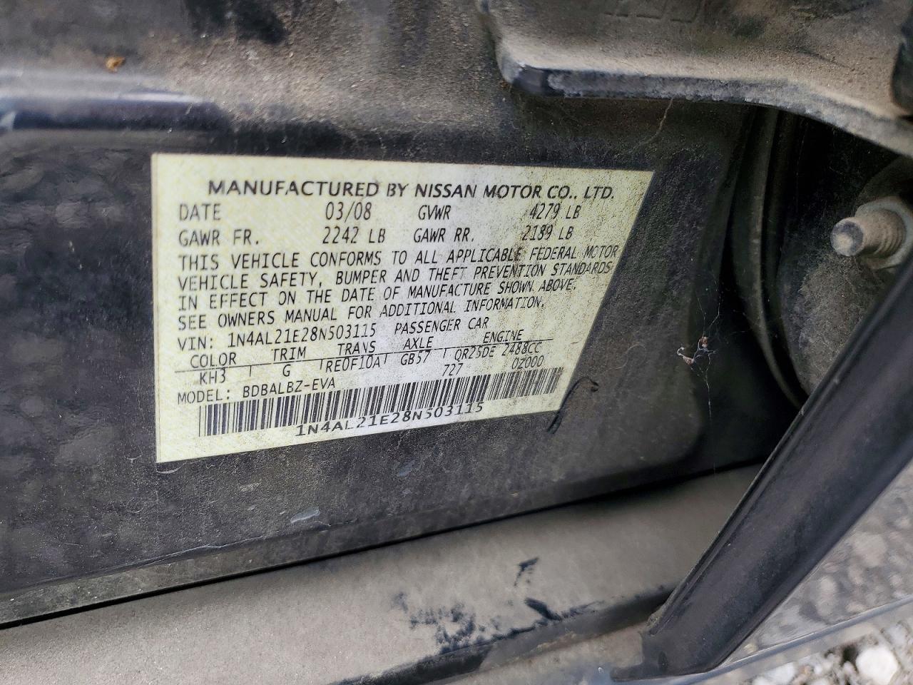 2008 Nissan Altima 2.5 Black vin: 1N4AL21E28N503115