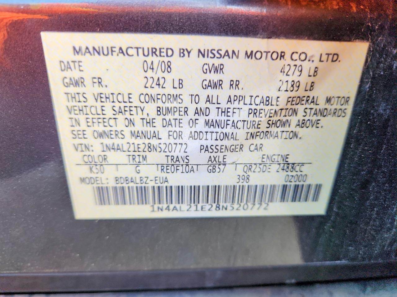2008 Nissan Altima 2.5 Gray vin: 1N4AL21E28N520772