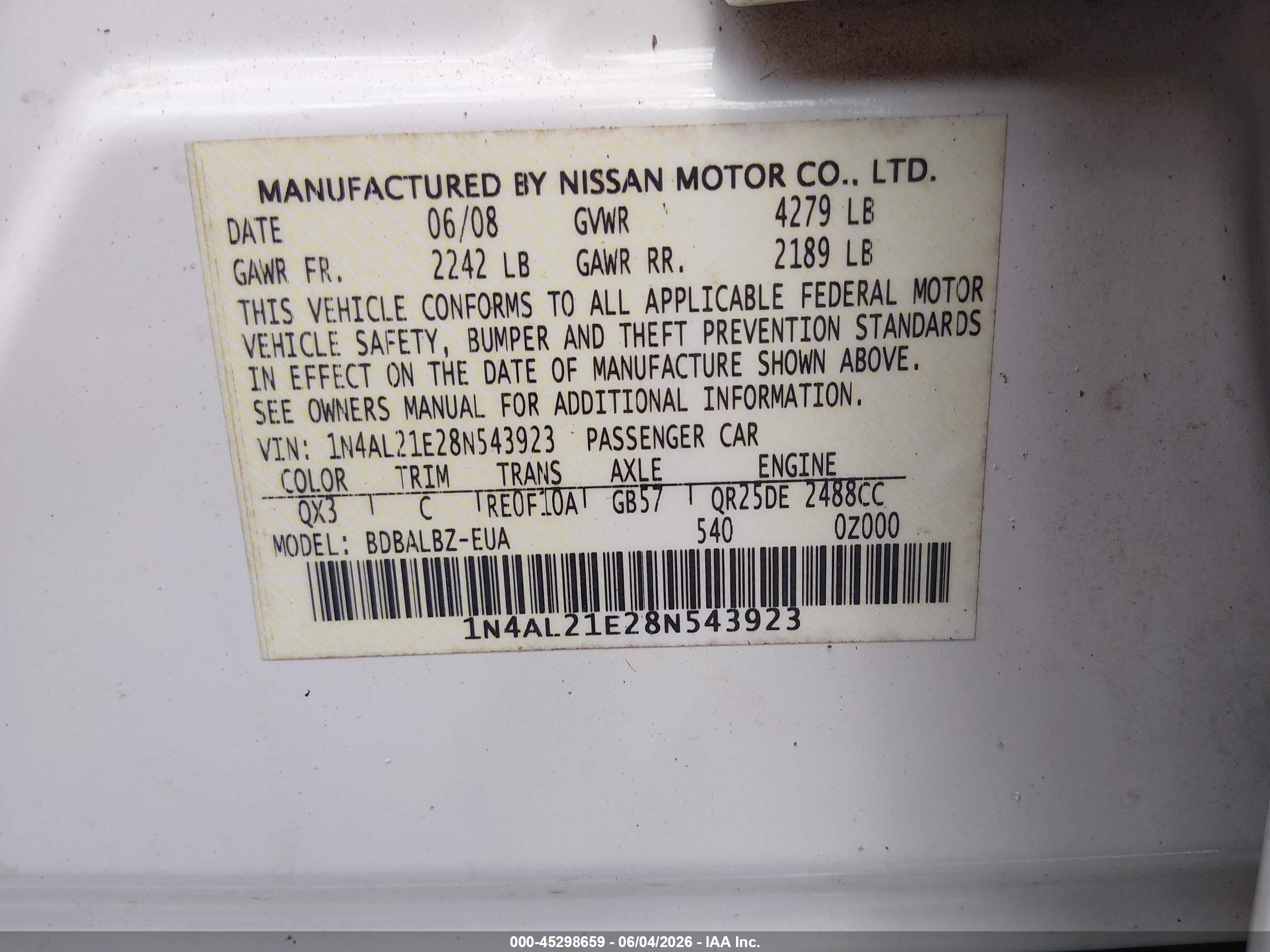 2008 Nissan Altima 2.5 S White vin: 1N4AL21E28N543923