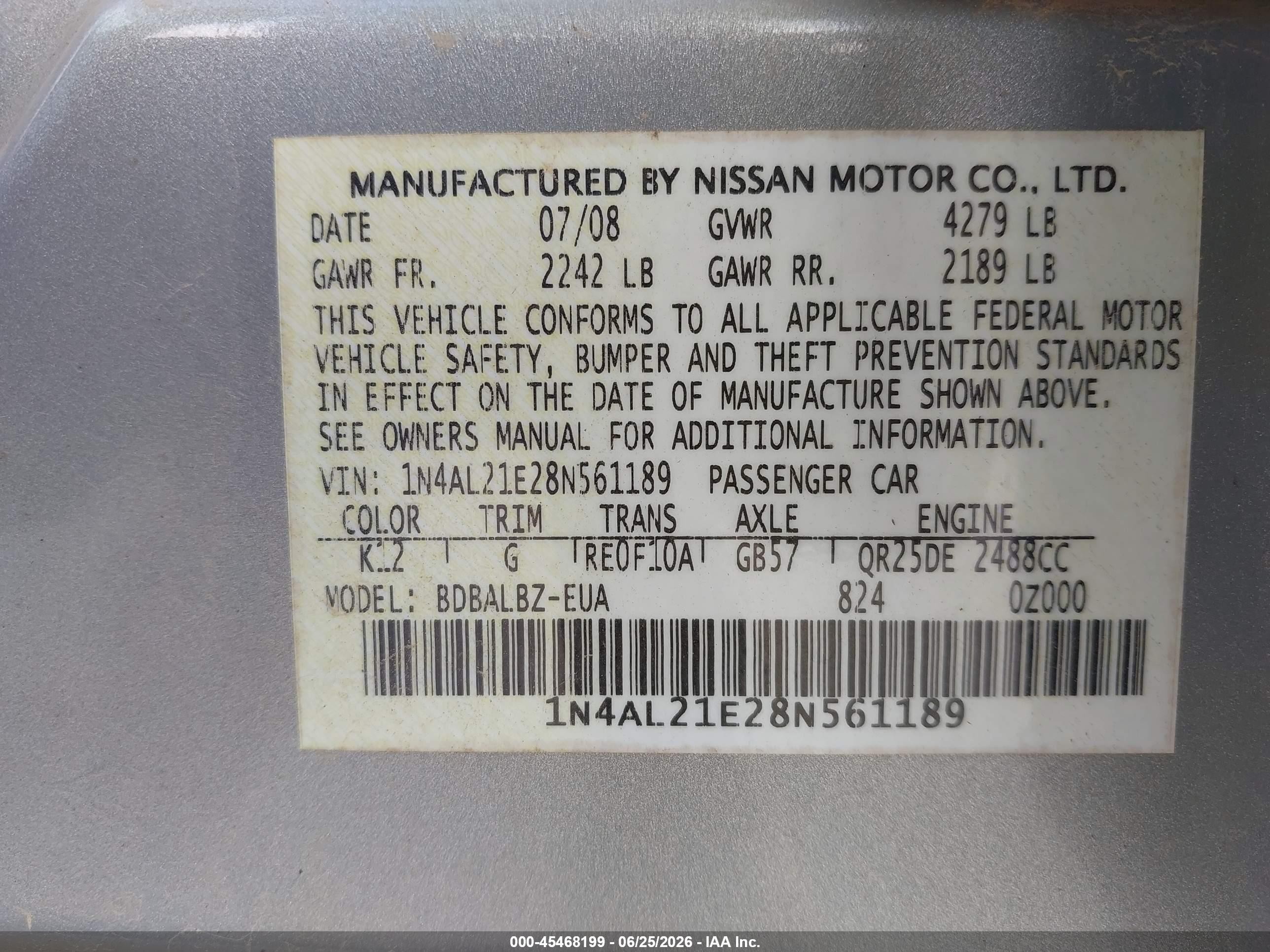 2008 Nissan Altima 2.5 Sl Silver vin: 1N4AL21E28N561189