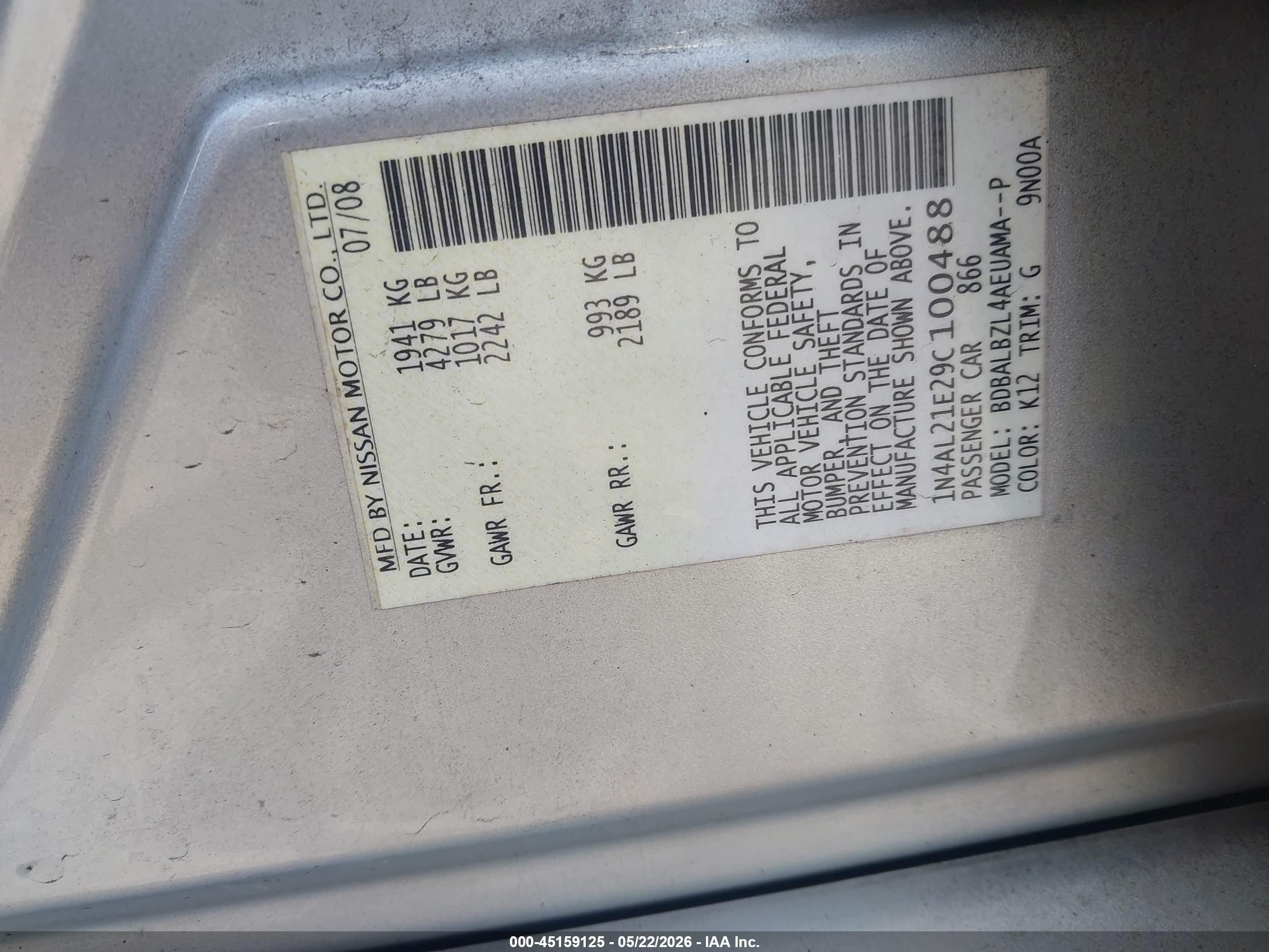 2009 Nissan Altima 2.5 S Silver vin: 1N4AL21E29C100488
