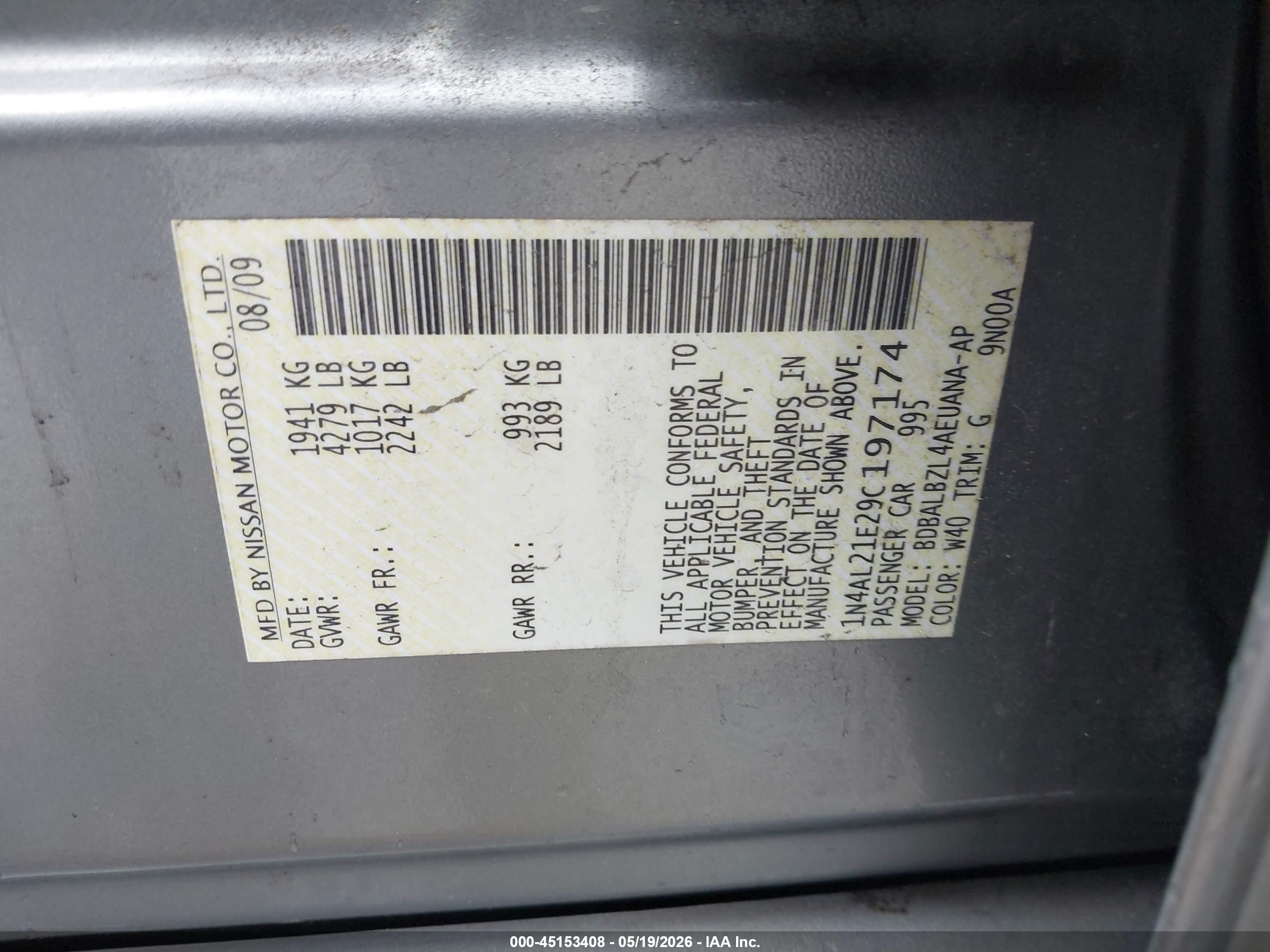 2009 Nissan Altima 2.5 S Gray vin: 1N4AL21E29C197174