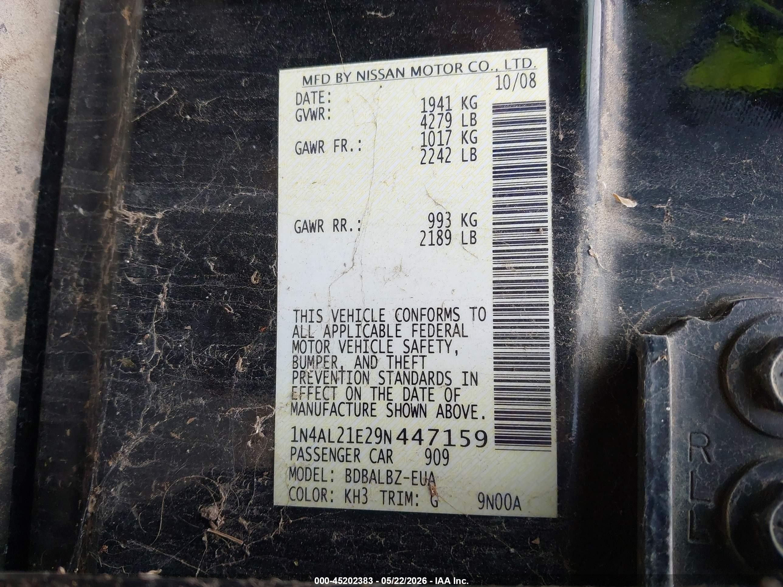 2009 Nissan Altima 2.5 S Black vin: 1N4AL21E29N447159