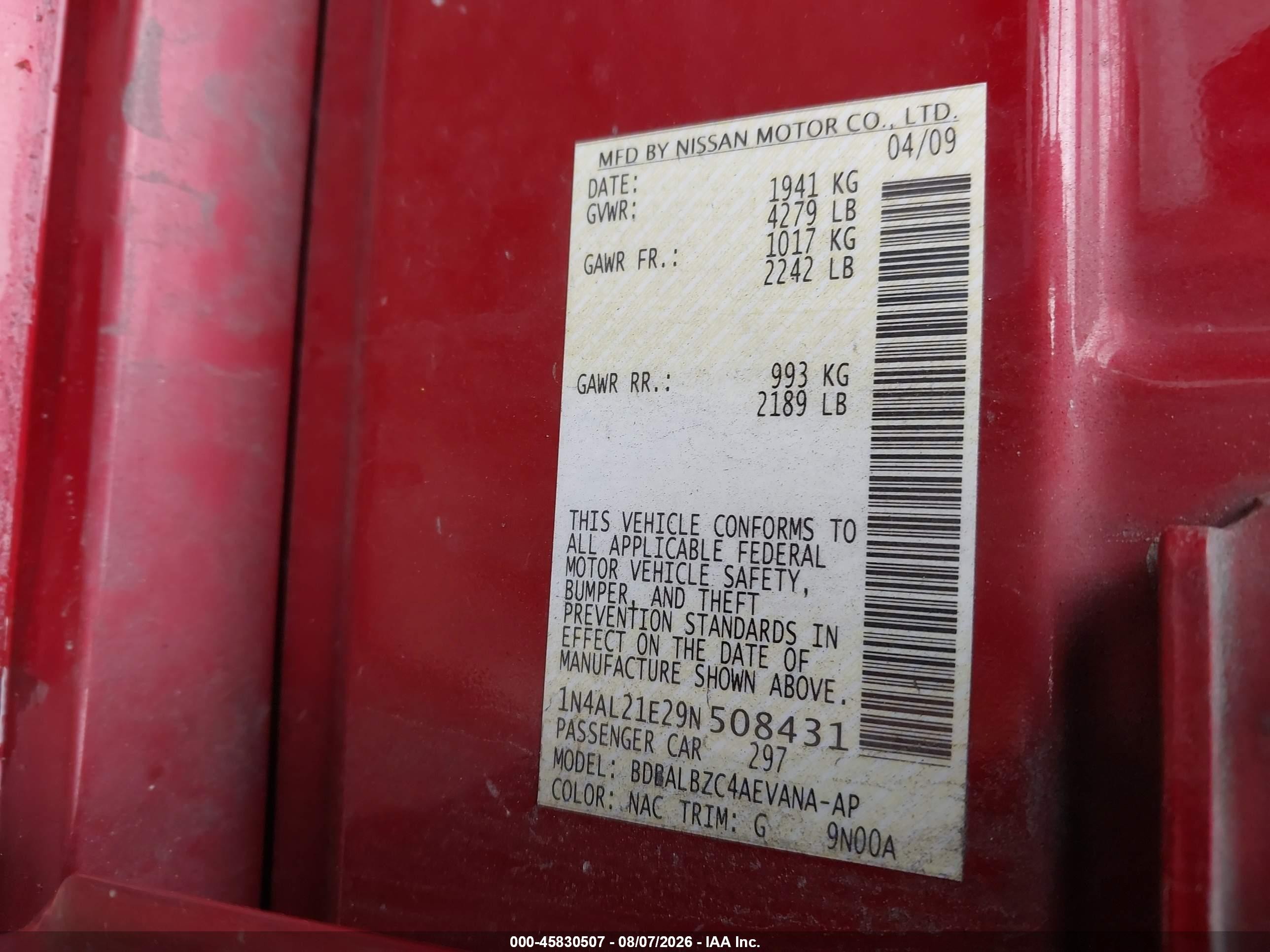 2009 Nissan Altima 2.5 S Красный vin: 1N4AL21E29N508431