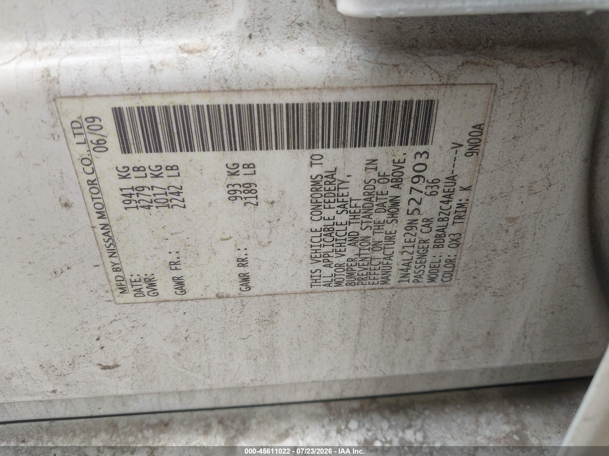 2009 Nissan Altima 2.5 S White vin: 1N4AL21E29N527903