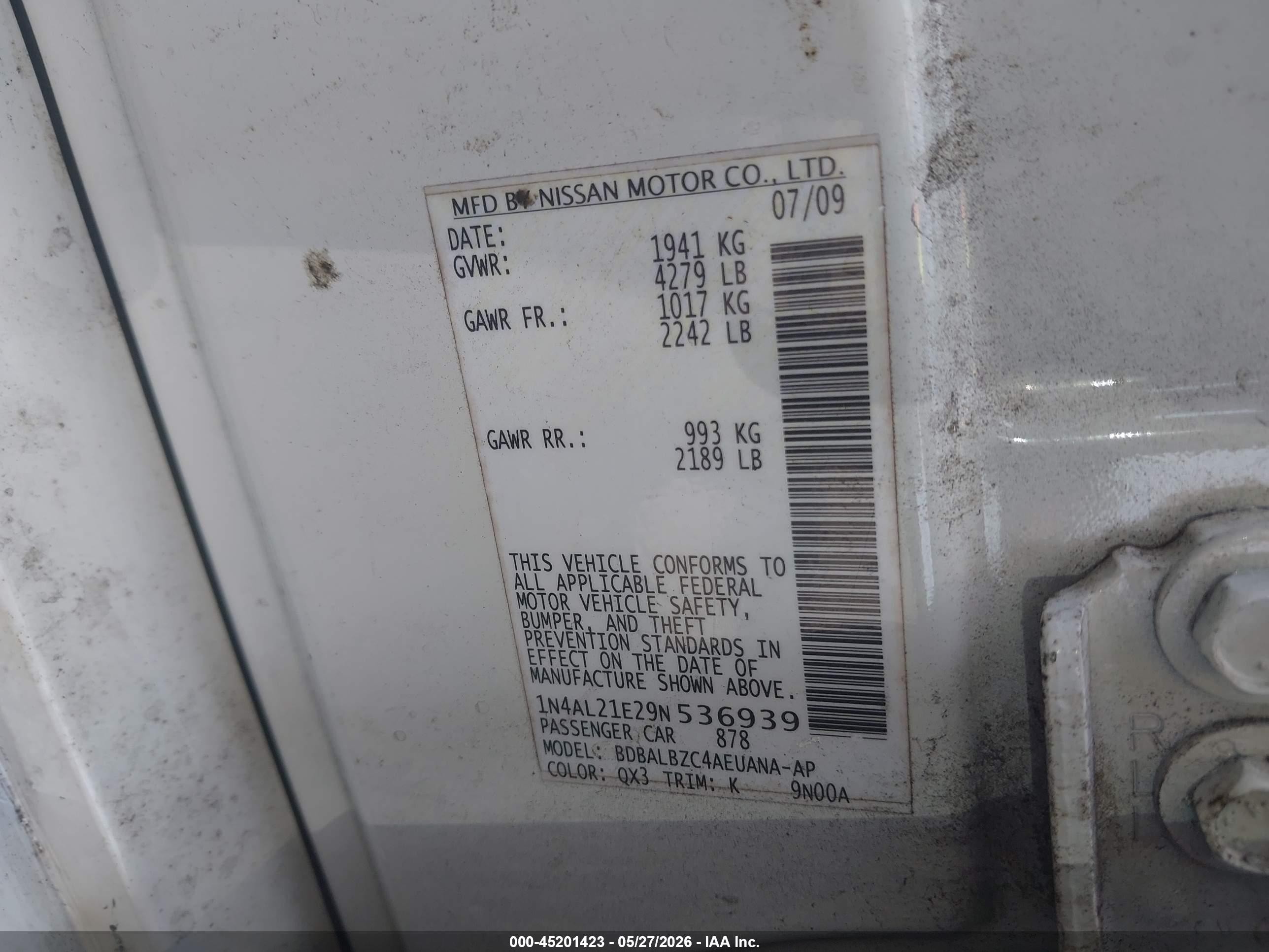 2009 Nissan Altima 2.5 S Белый vin: 1N4AL21E29N536939