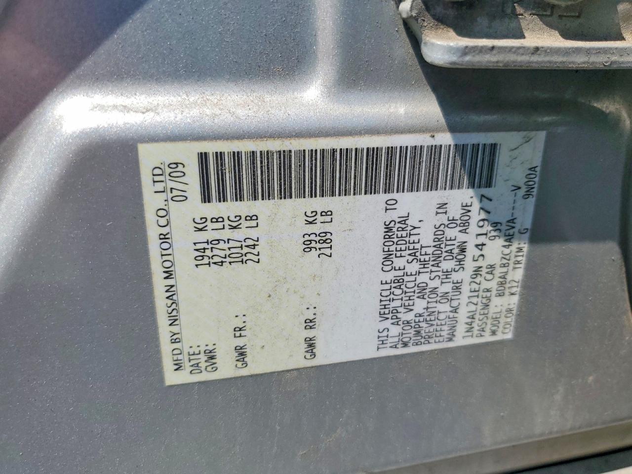 2009 Nissan Altima 2.5 Silver vin: 1N4AL21E29N541977