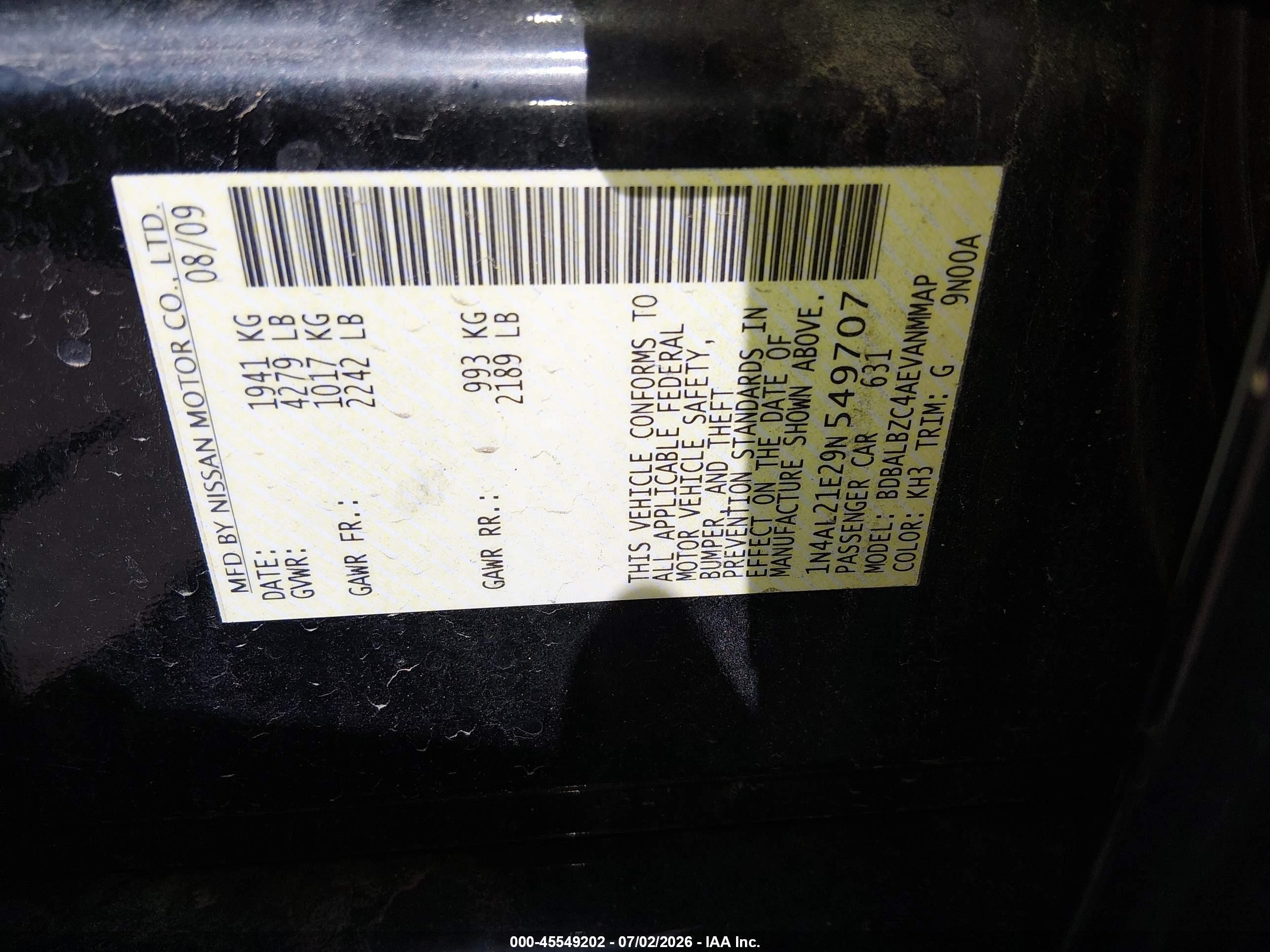 2009 Nissan Altima 2.5 S Черный vin: 1N4AL21E29N549707
