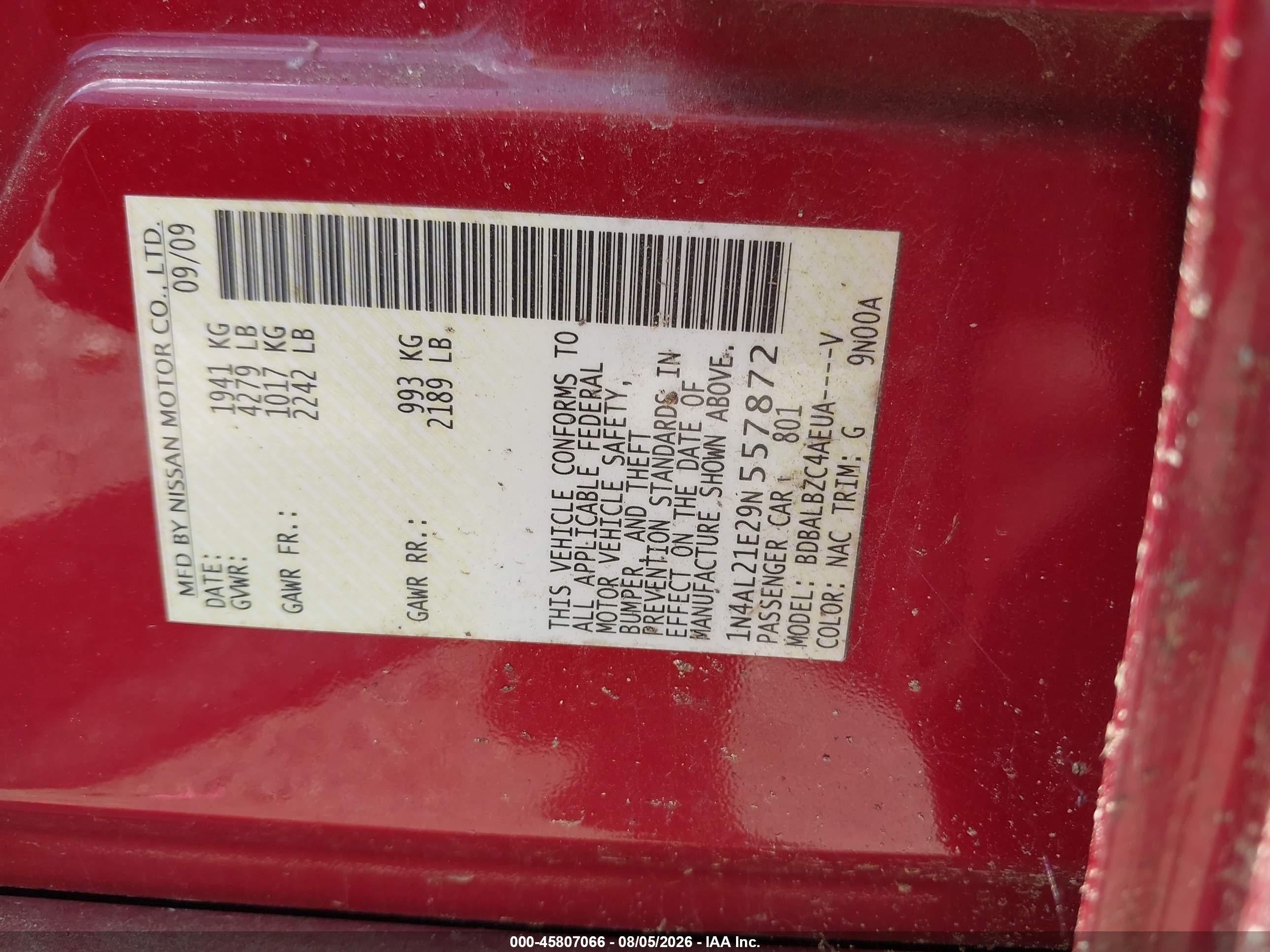 2009 Nissan Altima 2.5 S Red vin: 1N4AL21E29N557872