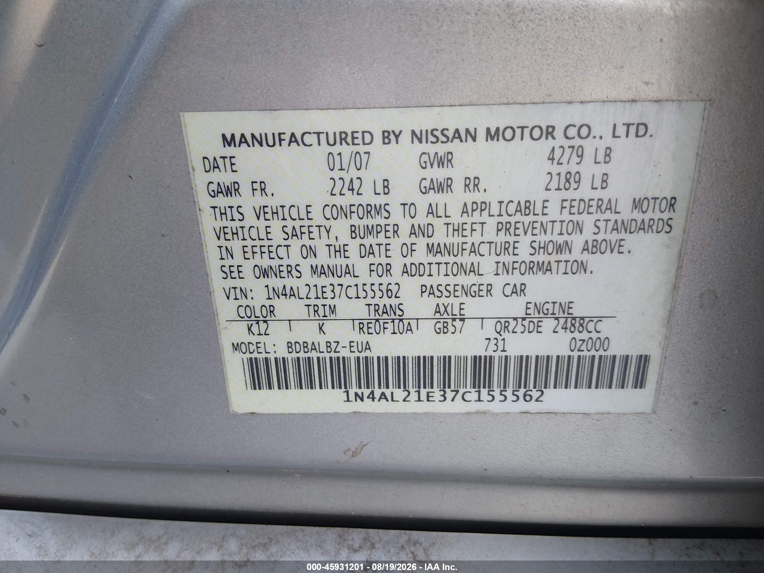 2007 Nissan Altima 2.5 S Серебряный vin: 1N4AL21E37C155562
