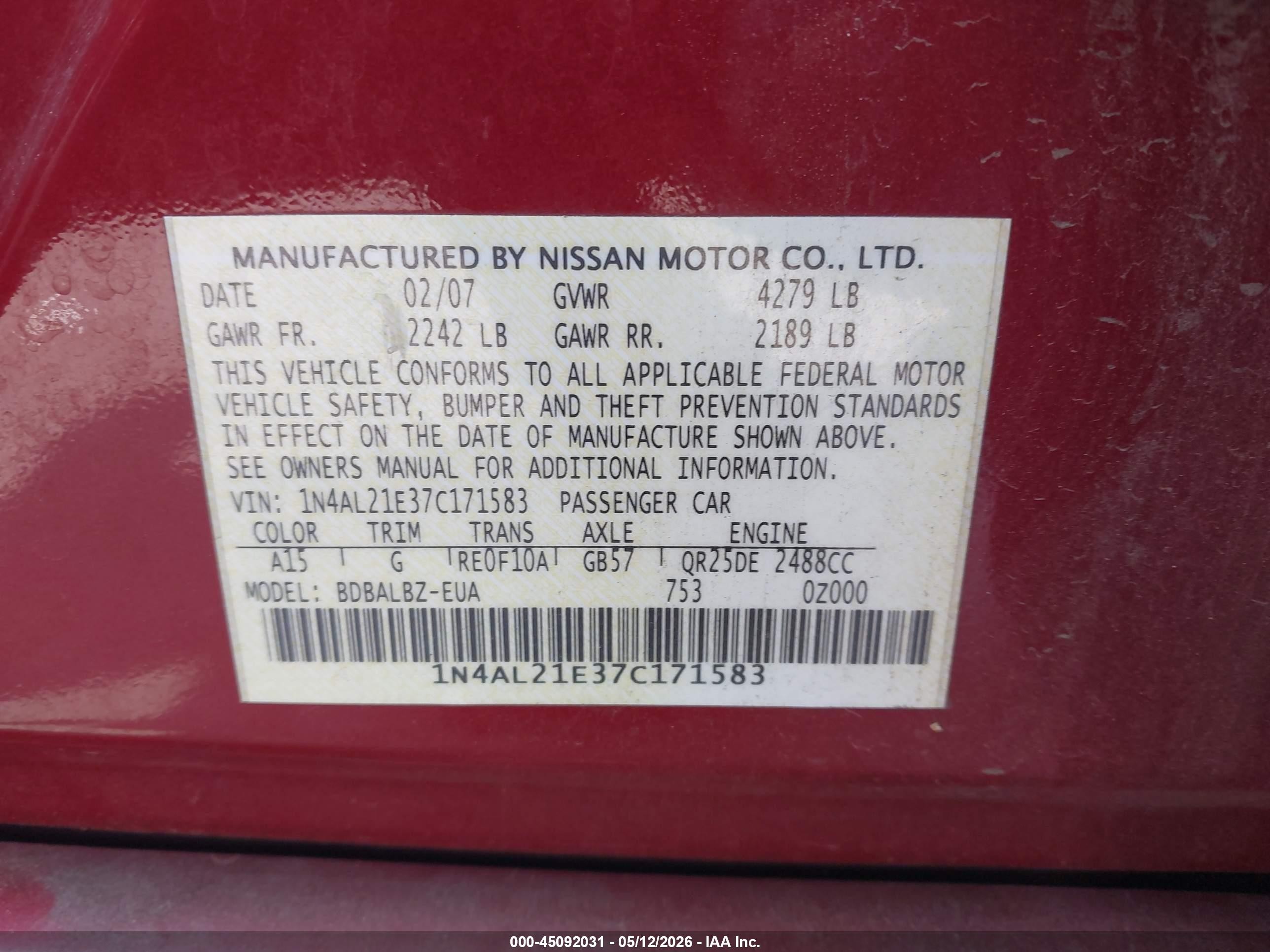 2007 Nissan Altima 2.5 S Red vin: 1N4AL21E37C171583