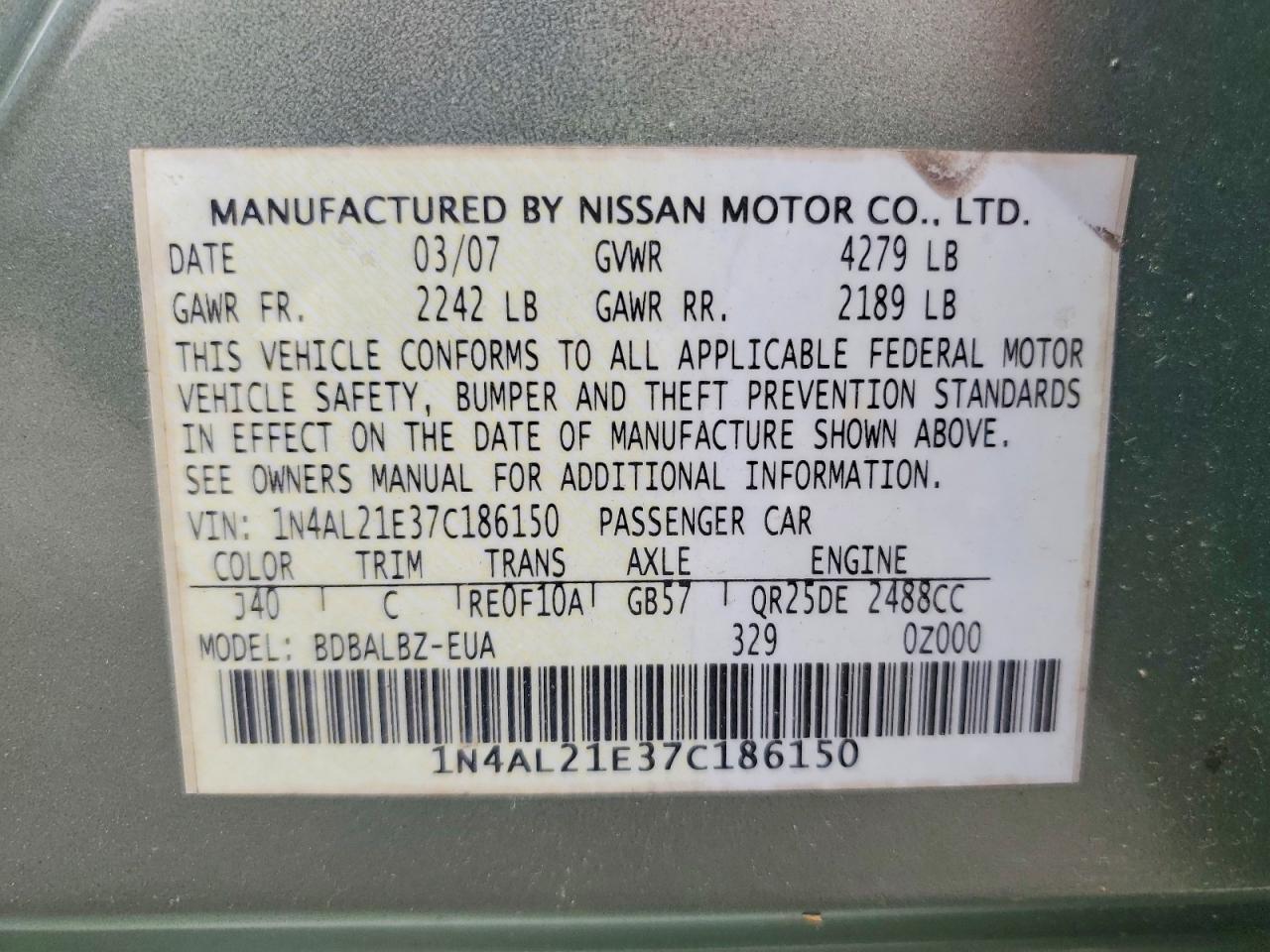 2007 Nissan Altima 2.5 Green vin: 1N4AL21E37C186150