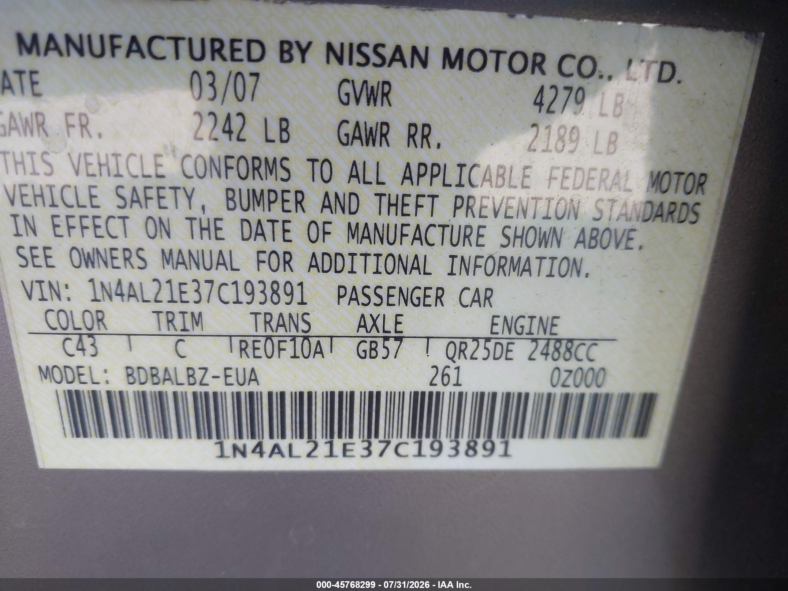 2007 Nissan Altima 2.5 S Beige vin: 1N4AL21E37C193891